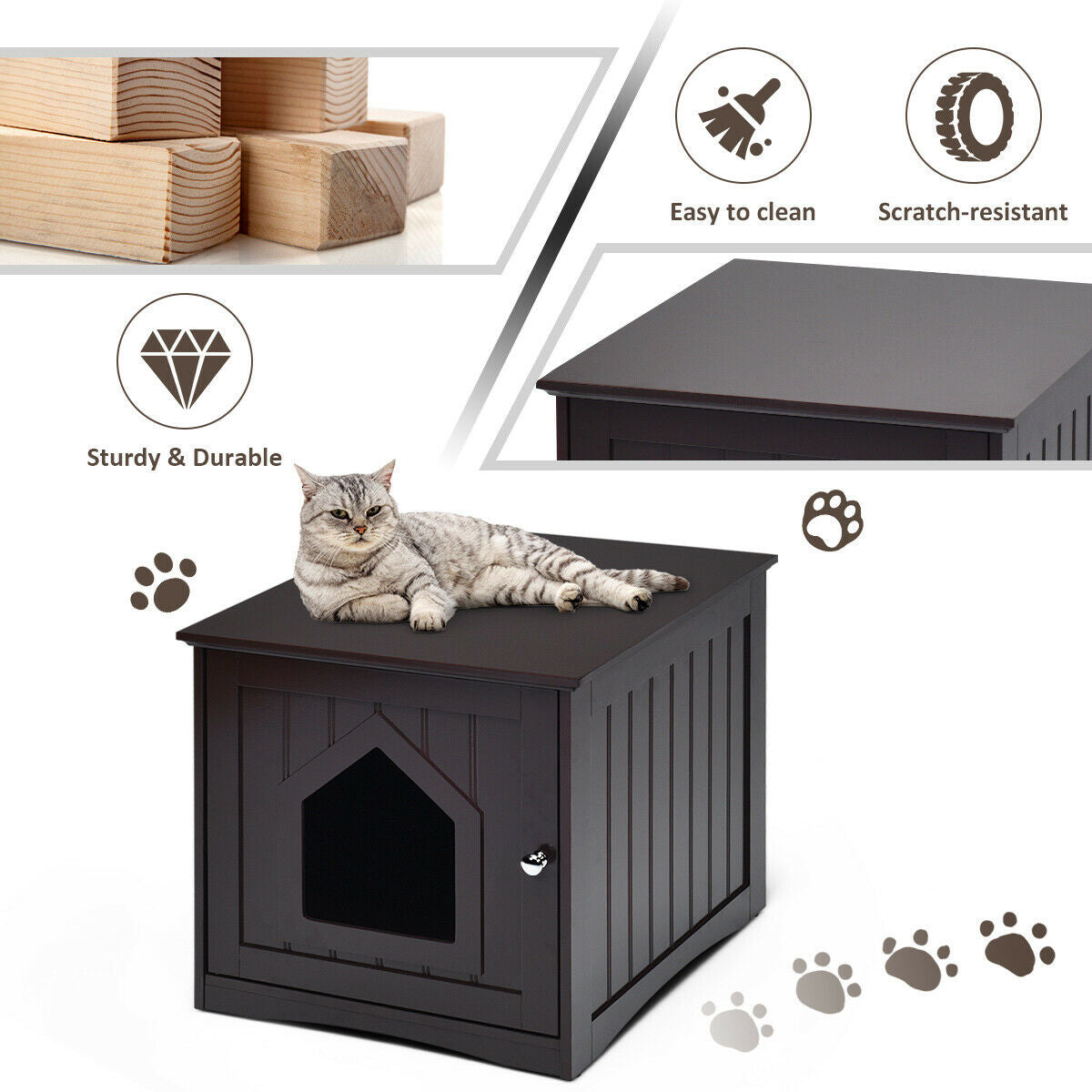 Sidetable Nightstand Weatherproof Multi-function Cat House, Brown Cat Houses at Gallery Canada
