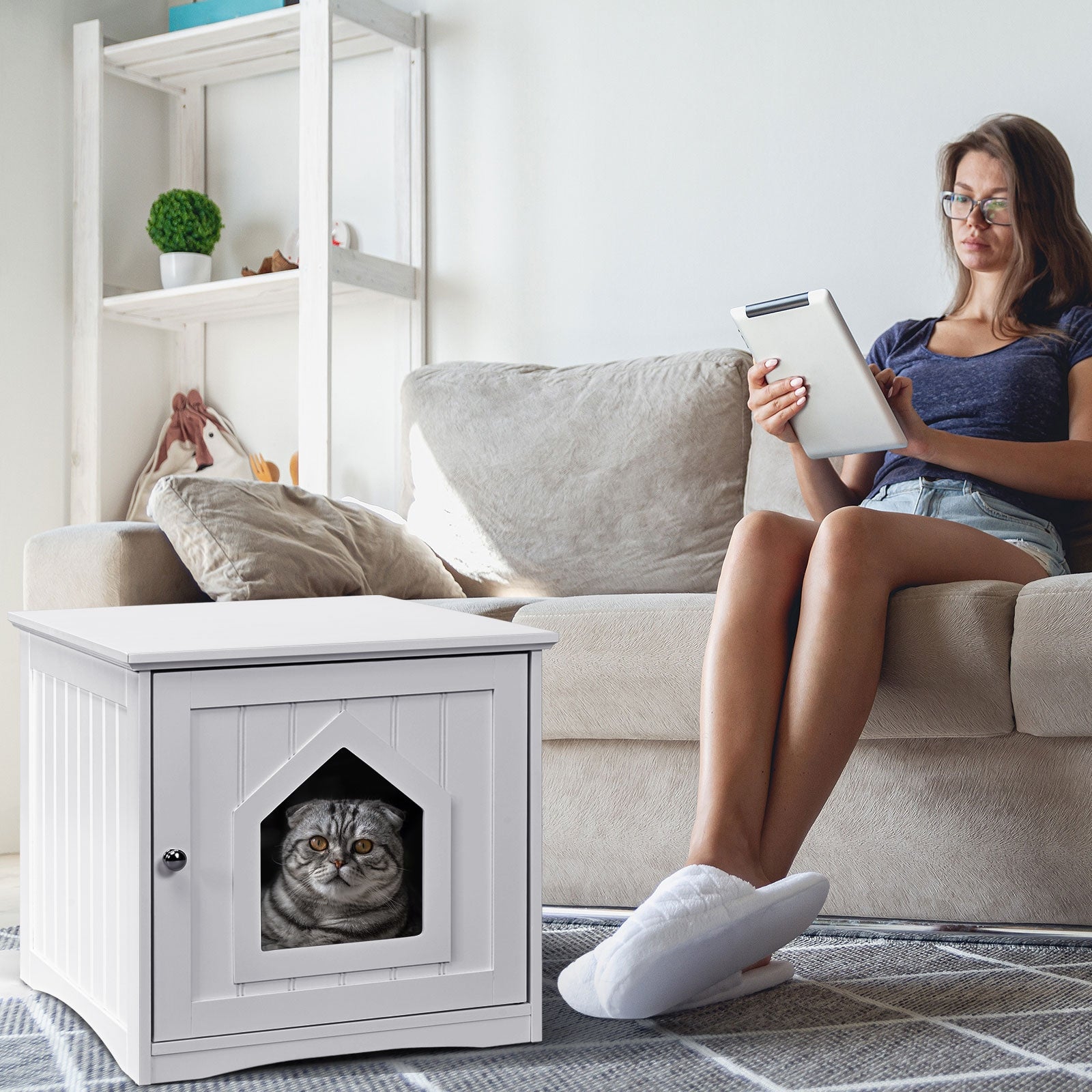 Sidetable Nightstand Weatherproof Multi-function Cat House, White Cat Houses at Gallery Canada