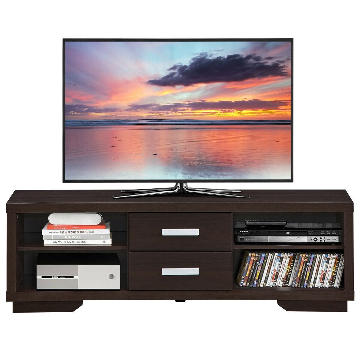 Modern TV Stand Entertainment Center with 2 Drawers and 4 Open Shelves, Black Entertainment Centers & TV Stands   at Gallery Canada