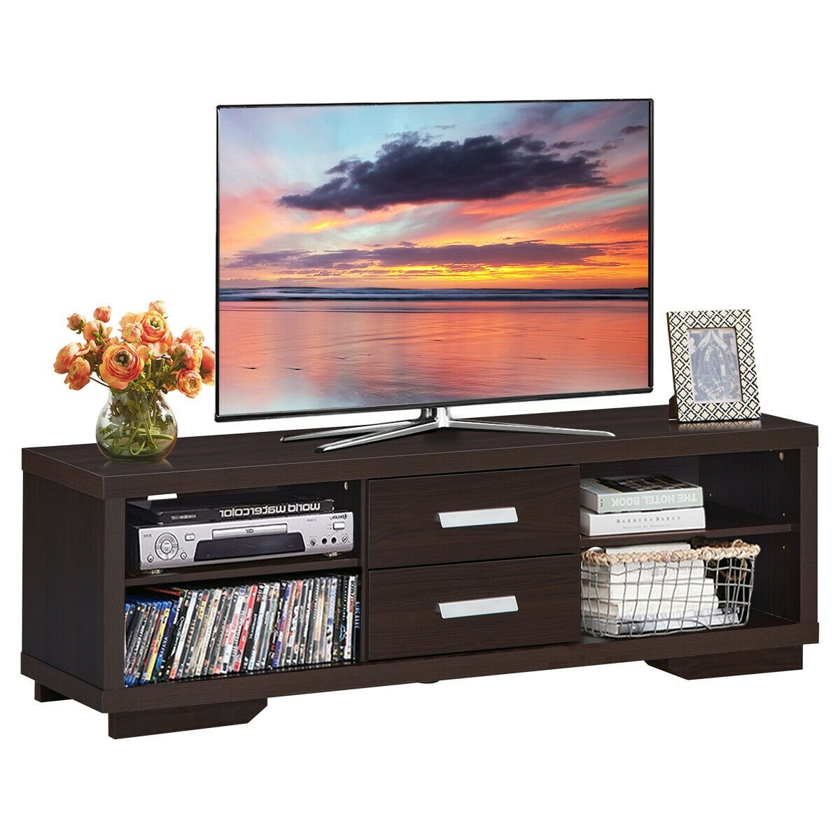 Modern TV Stand Entertainment Center with 2 Drawers and 4 Open Shelves, Black Entertainment Centers & TV Stands   at Gallery Canada