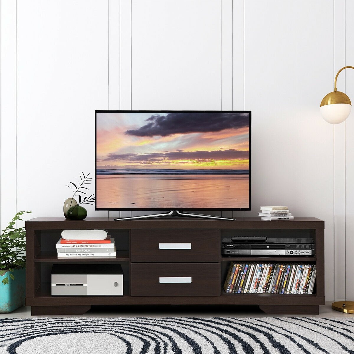 Modern TV Stand Entertainment Center with 2 Drawers and 4 Open Shelves, Black Entertainment Centers & TV Stands   at Gallery Canada