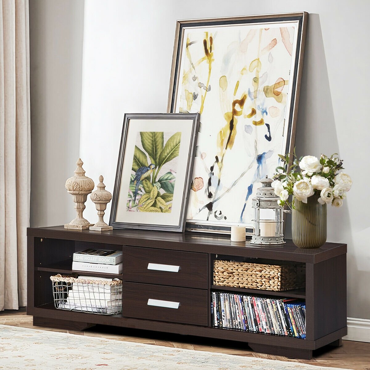 Modern TV Stand Entertainment Center with 2 Drawers and 4 Open Shelves, Black - Gallery Canada