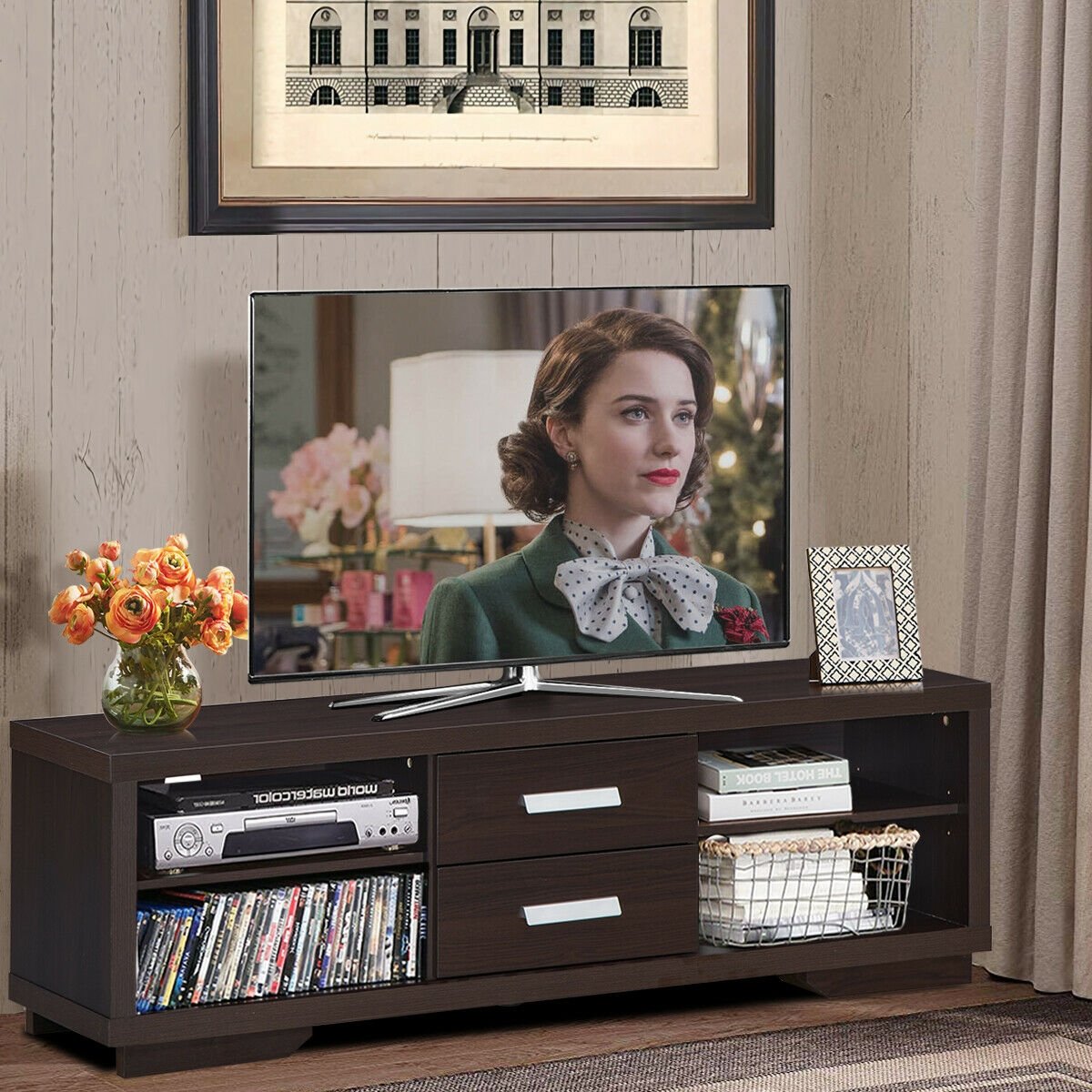 Modern TV Stand Entertainment Center with 2 Drawers and 4 Open Shelves, Black Entertainment Centers & TV Stands   at Gallery Canada