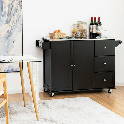 Kitchen Island 2-Door Storage Cabinet with Drawers and Stainless Steel Top, Black