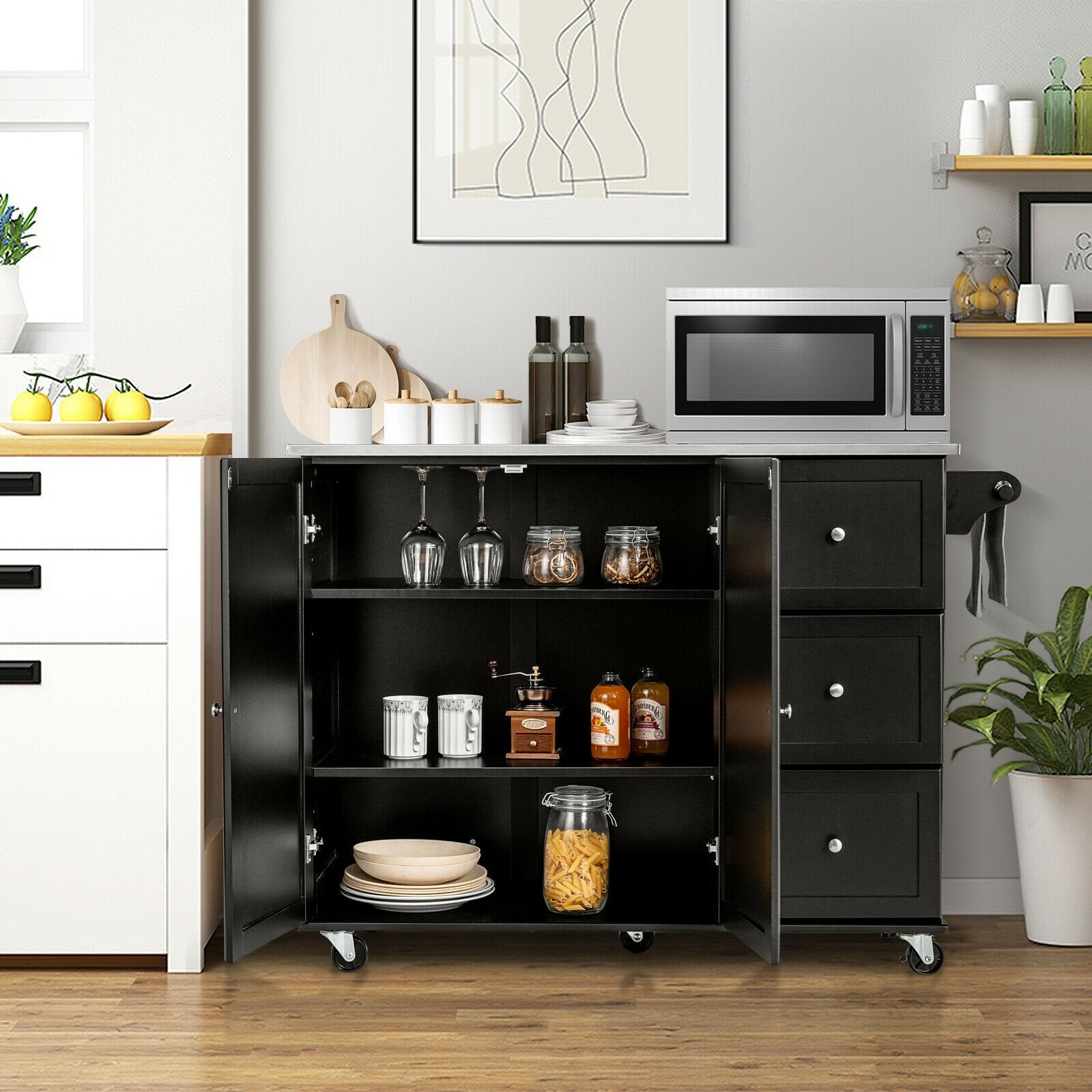 Kitchen Island 2-Door Storage Cabinet with Drawers and Stainless Steel Top, Black Sideboards Cabinets & Buffets   at Gallery Canada