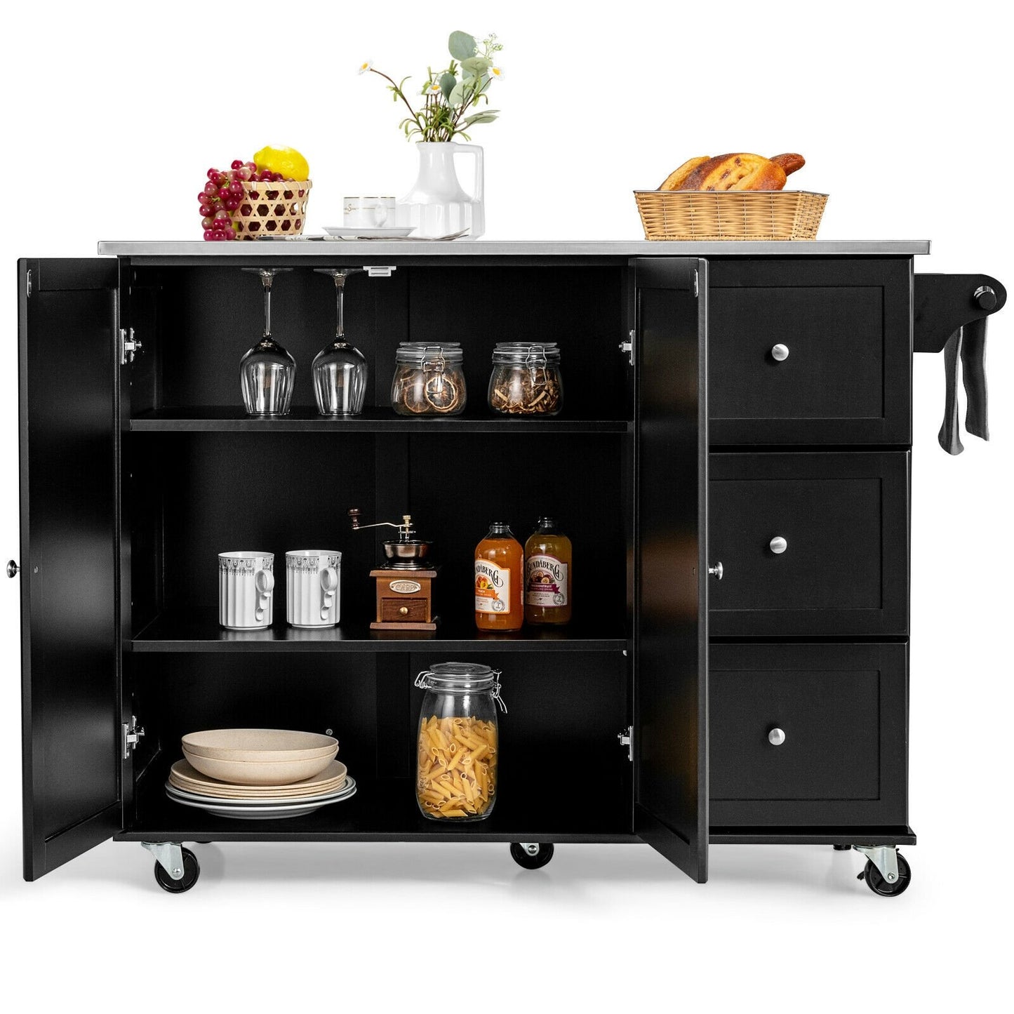 Kitchen Island 2-Door Storage Cabinet with Drawers and Stainless Steel Top, Black Sideboards Cabinets & Buffets   at Gallery Canada