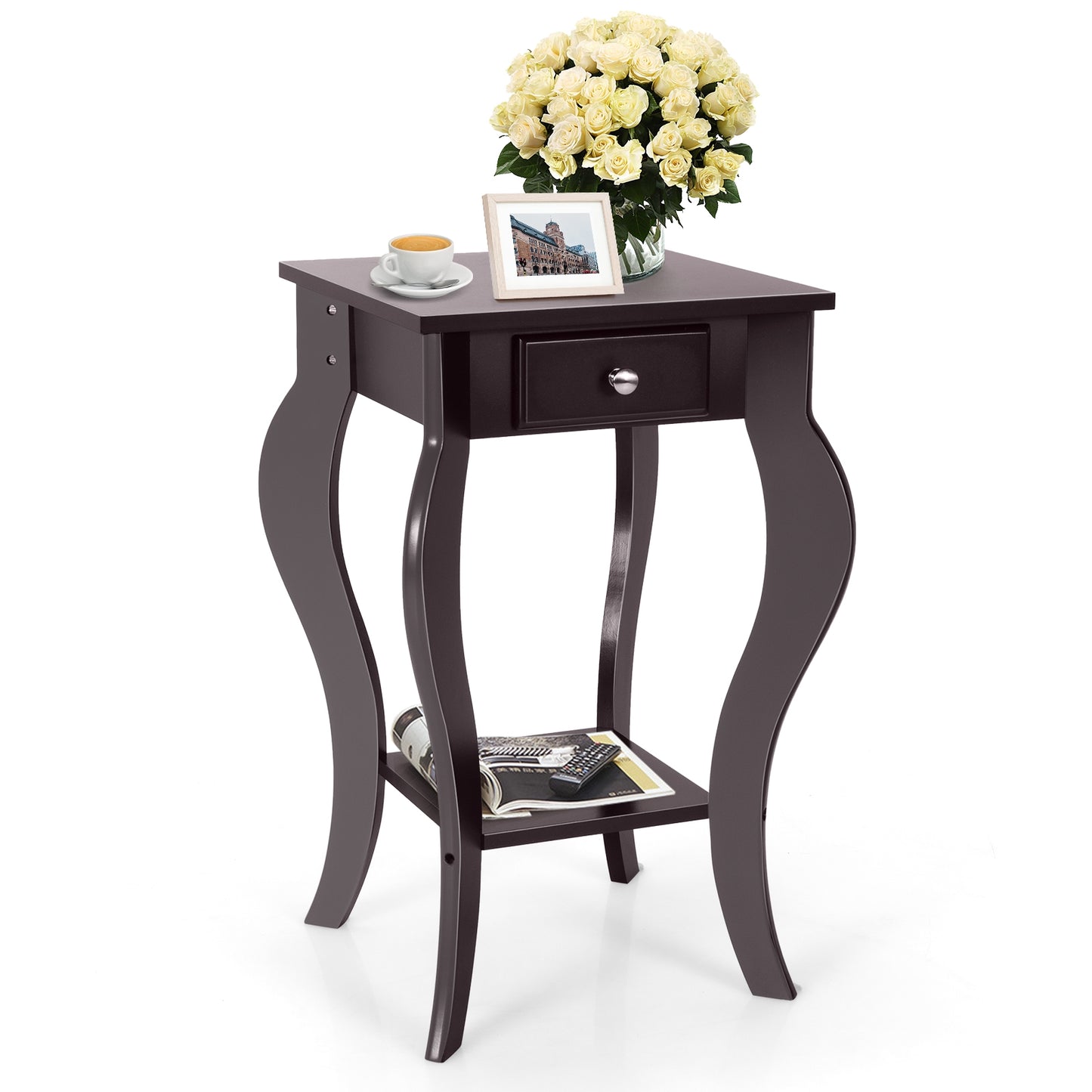 2-Tier End Table with Drawer and Shelf for Living Room Bedroom, Brown - Gallery Canada