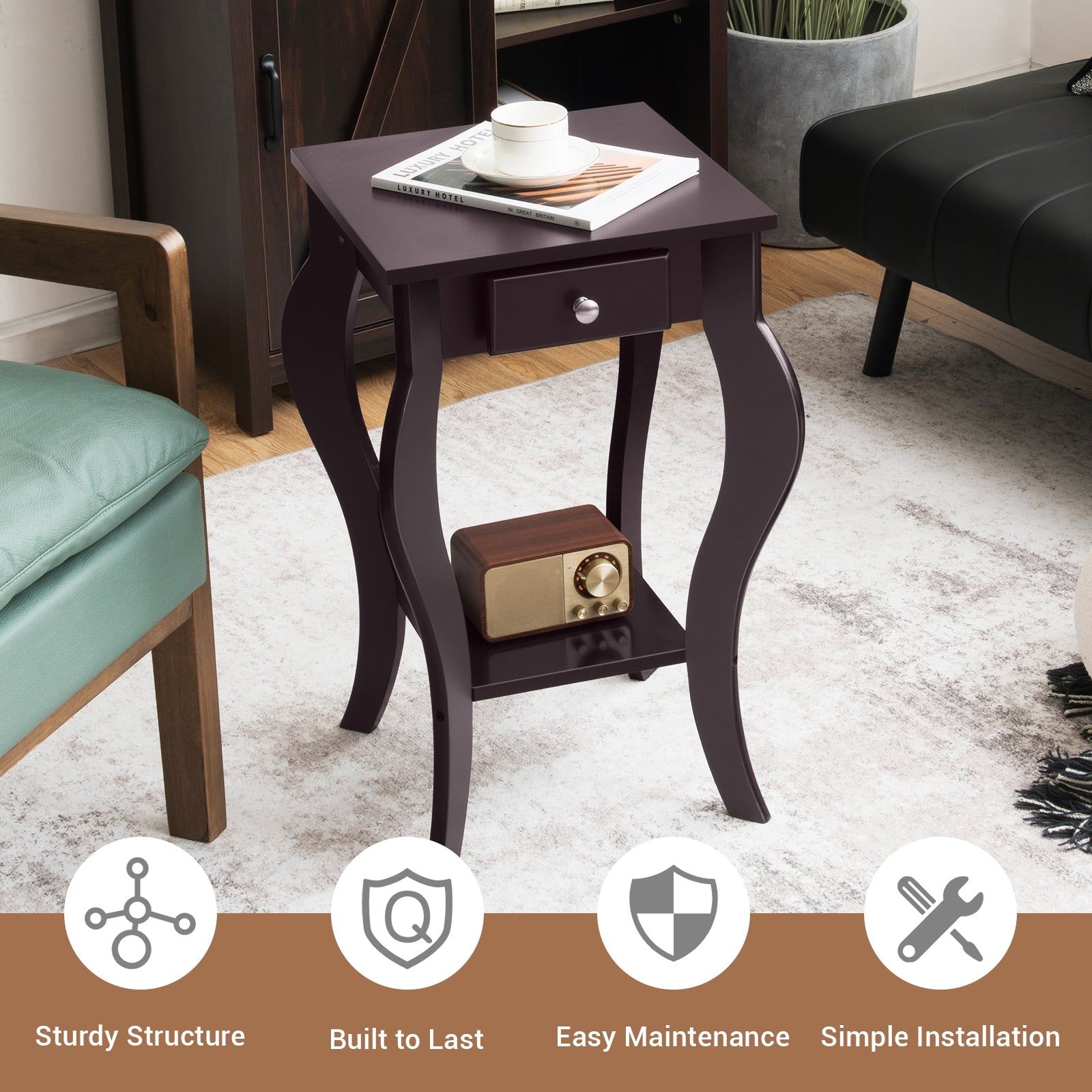 2-Tier End Table with Drawer and Shelf for Living Room Bedroom, Brown - Gallery Canada