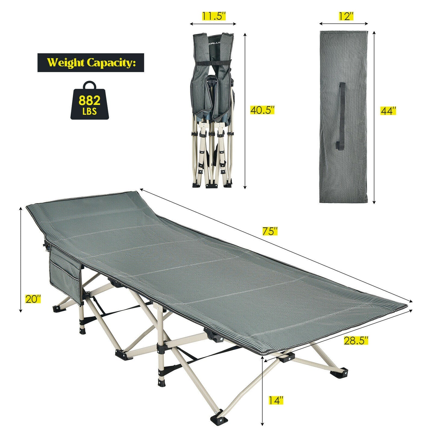 Wide Foldable Camping Cot with Carry Bag, Gray Camping Furniture   at Gallery Canada