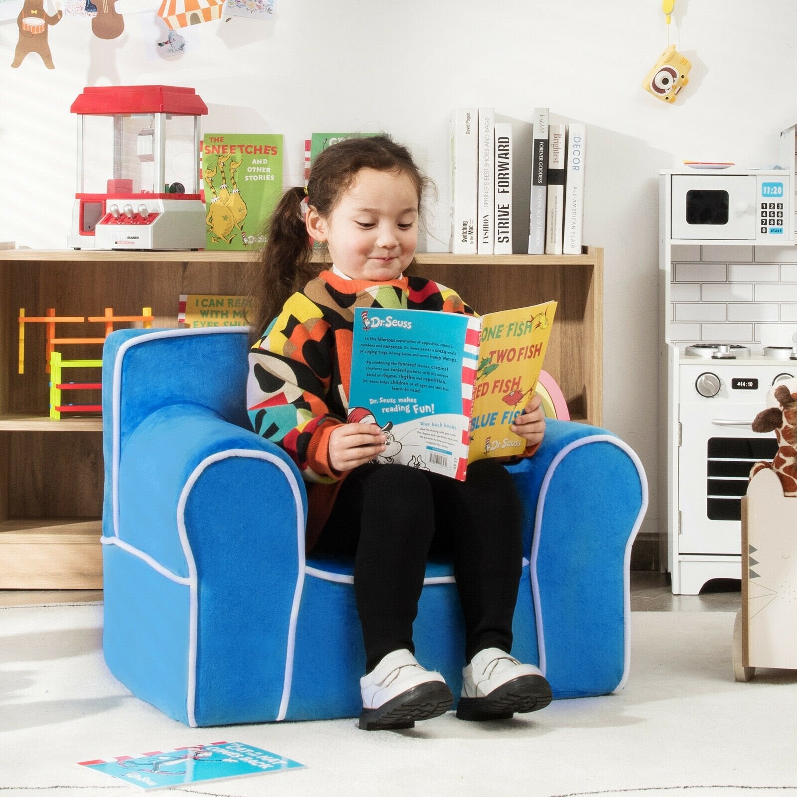 Upholstered Kids Sofa with Velvet Fabric and High-Quality Sponge, Blue Kids Chairs & Seating   at Gallery Canada