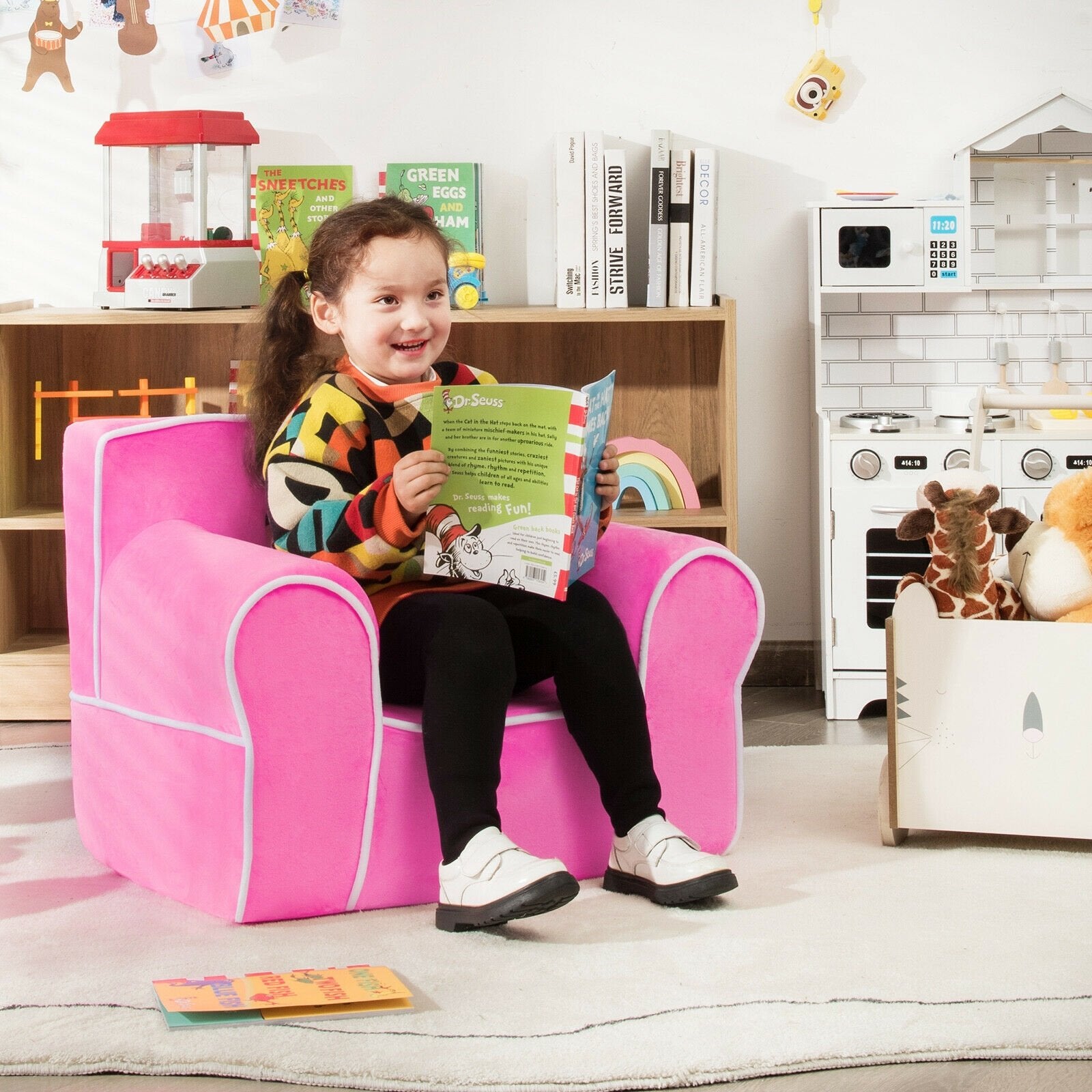 Upholstered Kids Sofa with Velvet Fabric and High-Quality Sponge, Pink Kids Chairs & Seating   at Gallery Canada