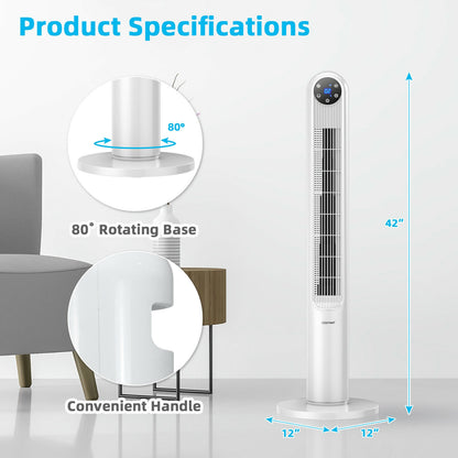 42 Inch 80 Degree Tower Fan with Smart Display Panel and Remote Control, White Fans at Gallery Canada