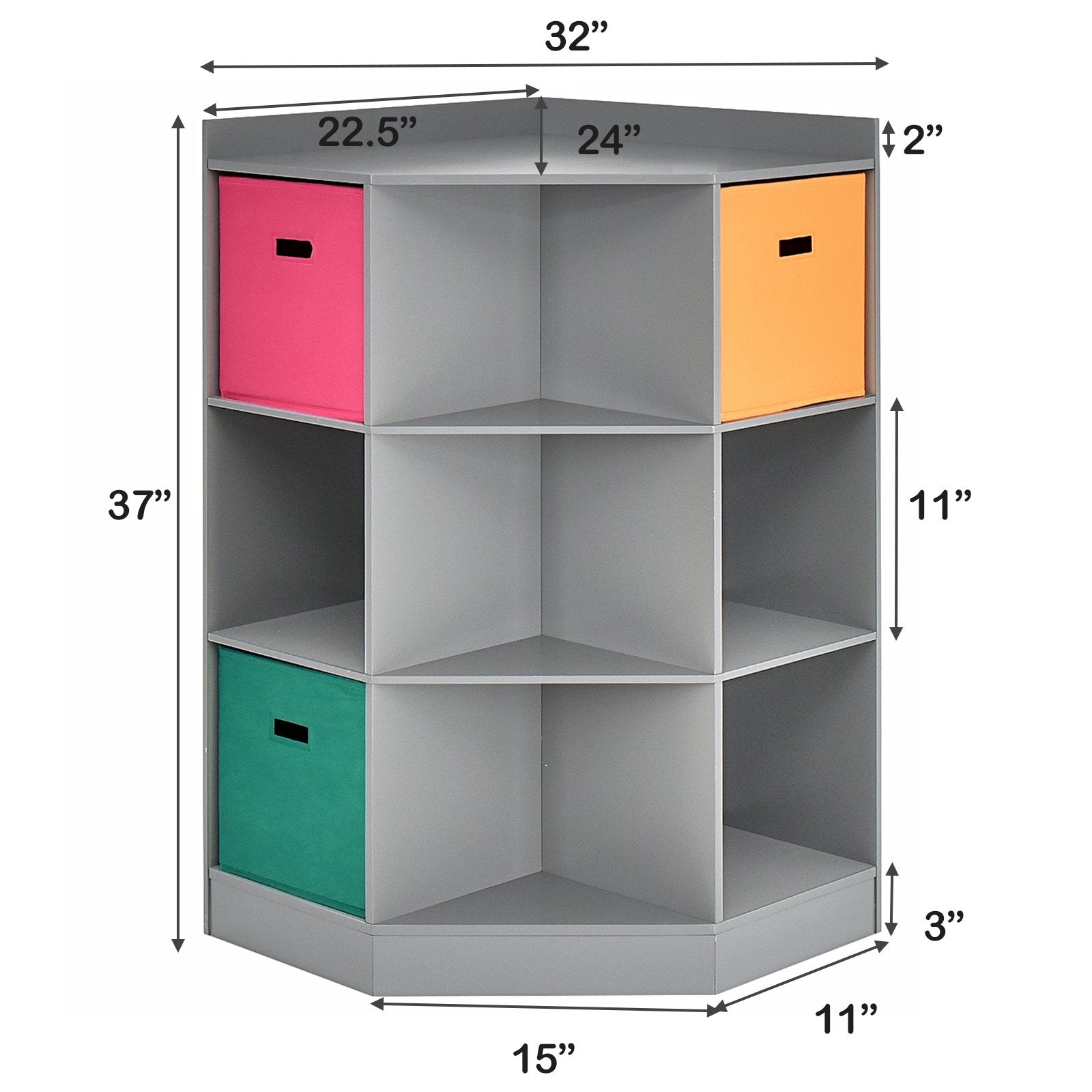 3-Tier Kids Storage Shelf Corner Cabinet with 3 Baskets, Gray - Gallery Canada