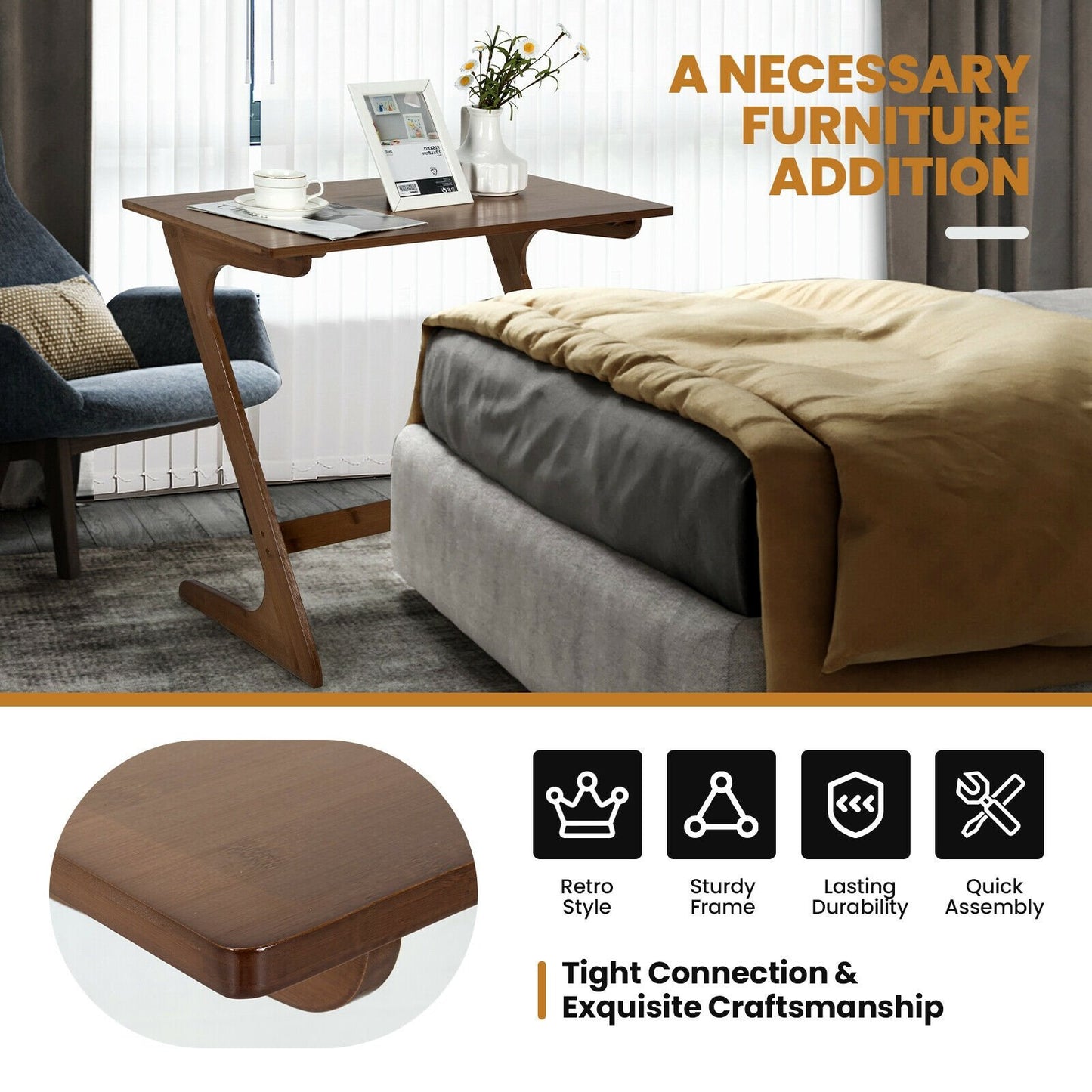 Bamboo Z-Shaped Spacious Sofa Side Table with Space-Saving Tabletop, Coffee - Gallery Canada