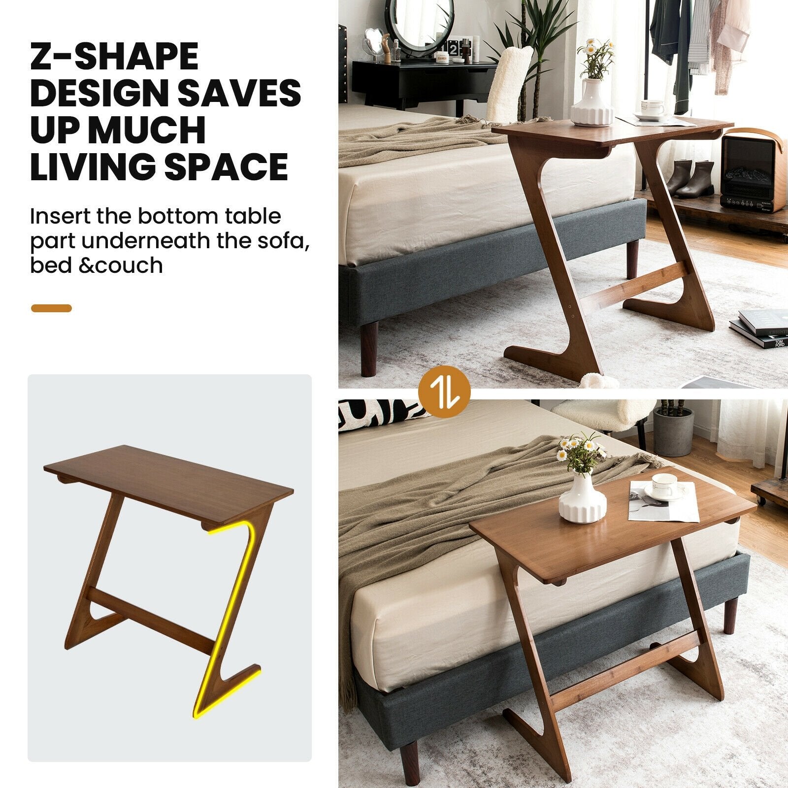 Bamboo Z-Shaped Spacious Sofa Side Table with Space-Saving Tabletop, Coffee - Gallery Canada
