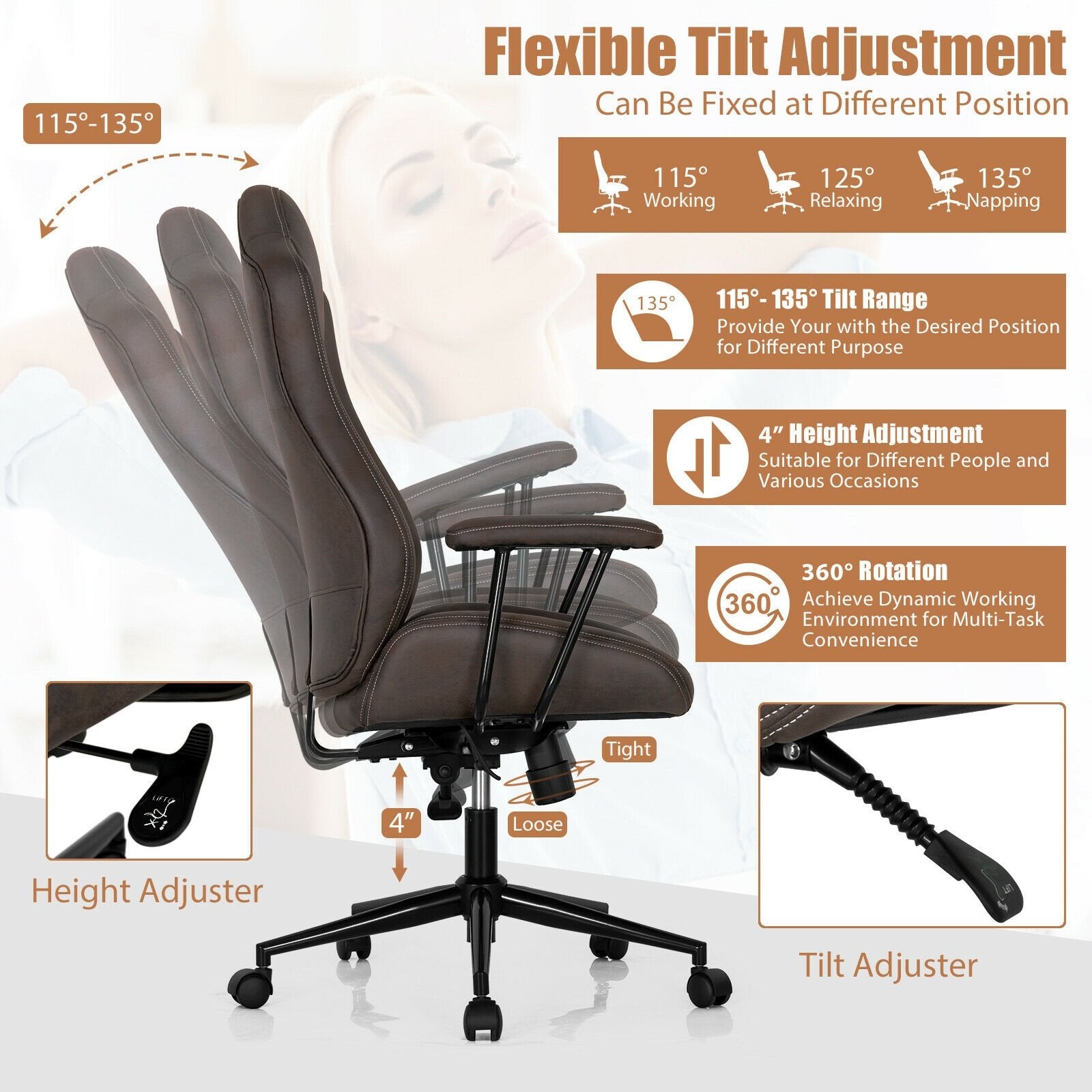 High Adjustable Back Executive Office Chair with Armrest, Brown Executive Chairs   at Gallery Canada