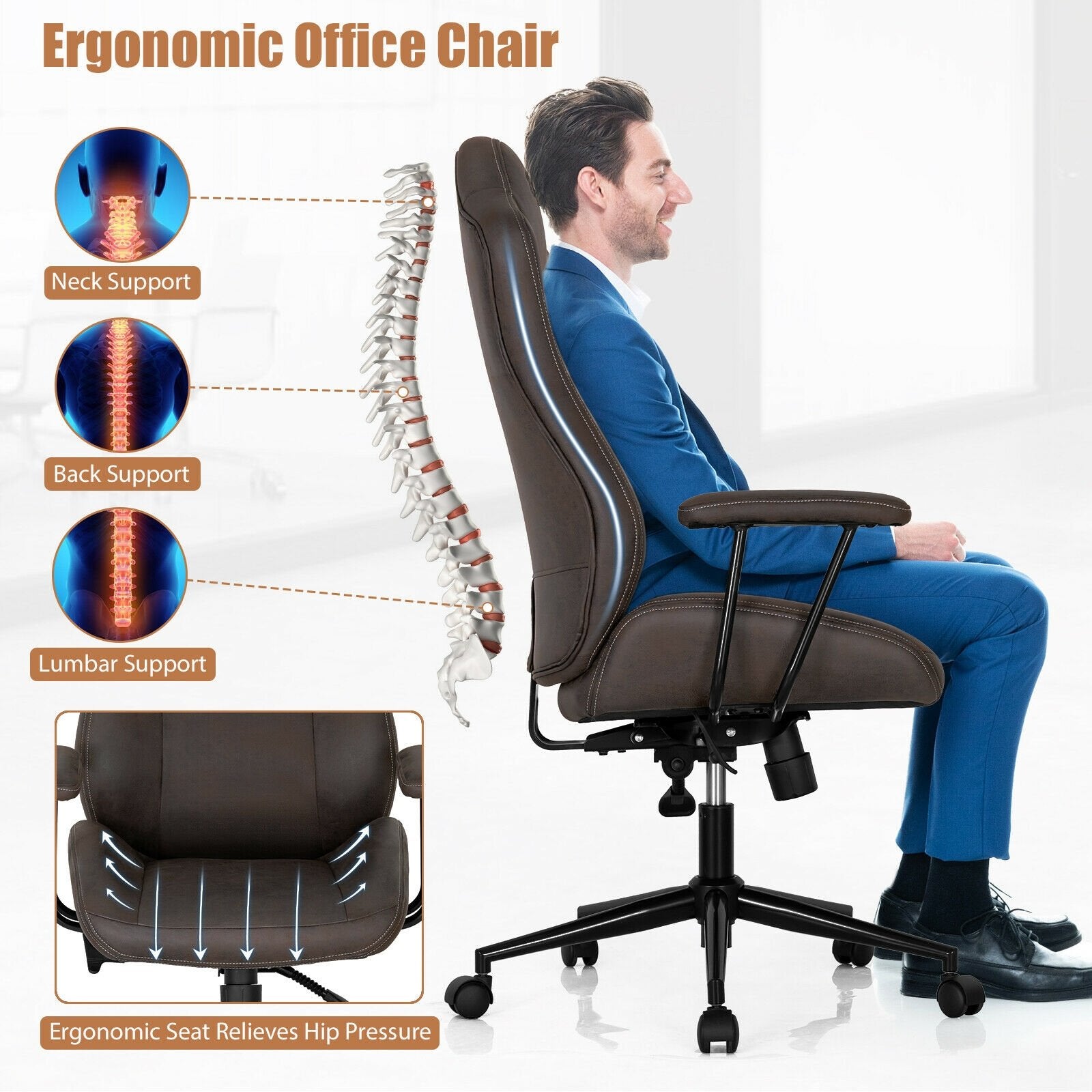 High Adjustable Back Executive Office Chair with Armrest, Brown Executive Chairs   at Gallery Canada