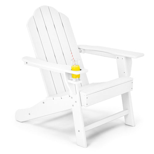 Outdoor Adirondack Chair with Built-in Cup Holder for Backyard Porch, White