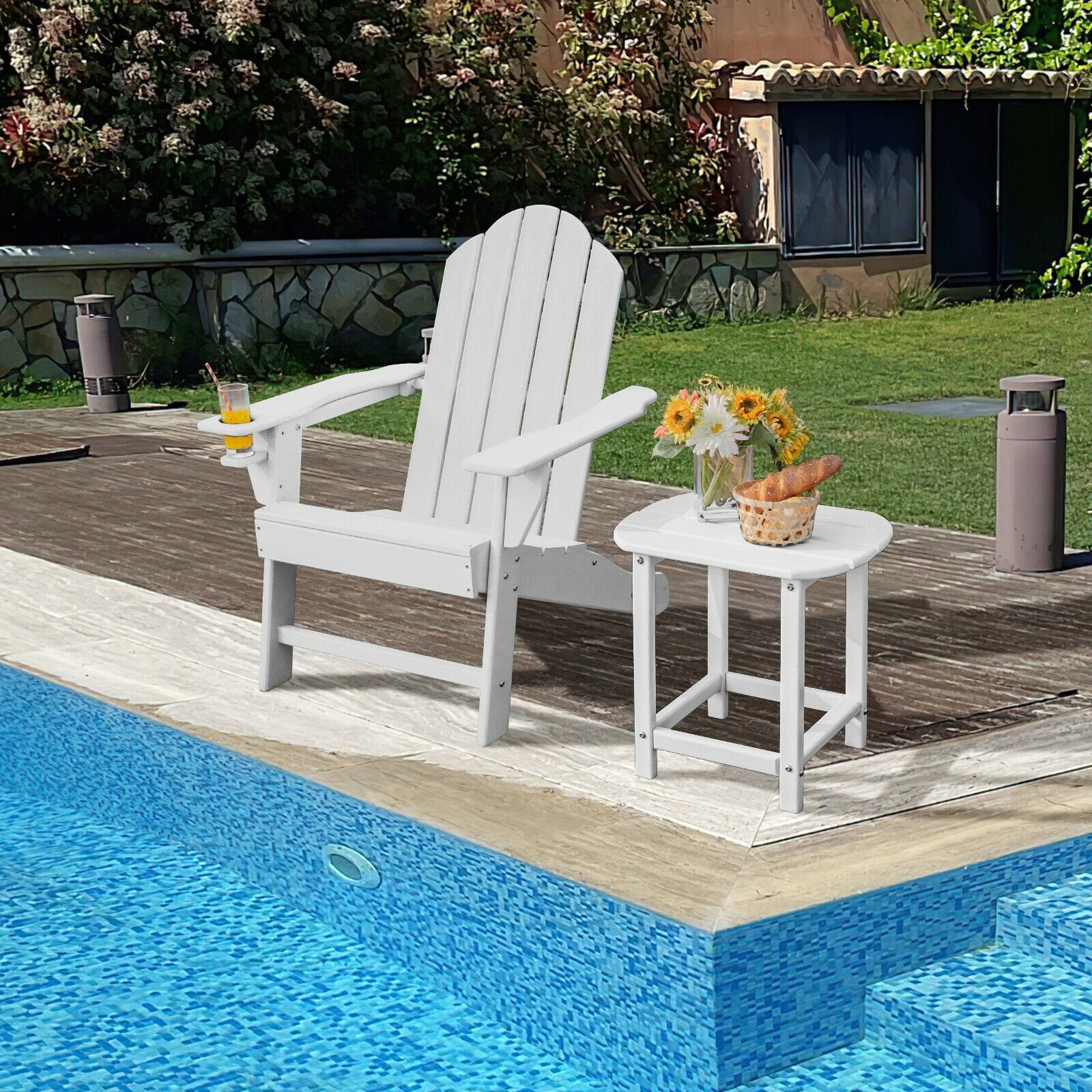 Outdoor Adirondack Chair with Built-in Cup Holder for Backyard Porch, White Adirondack Chairs   at Gallery Canada