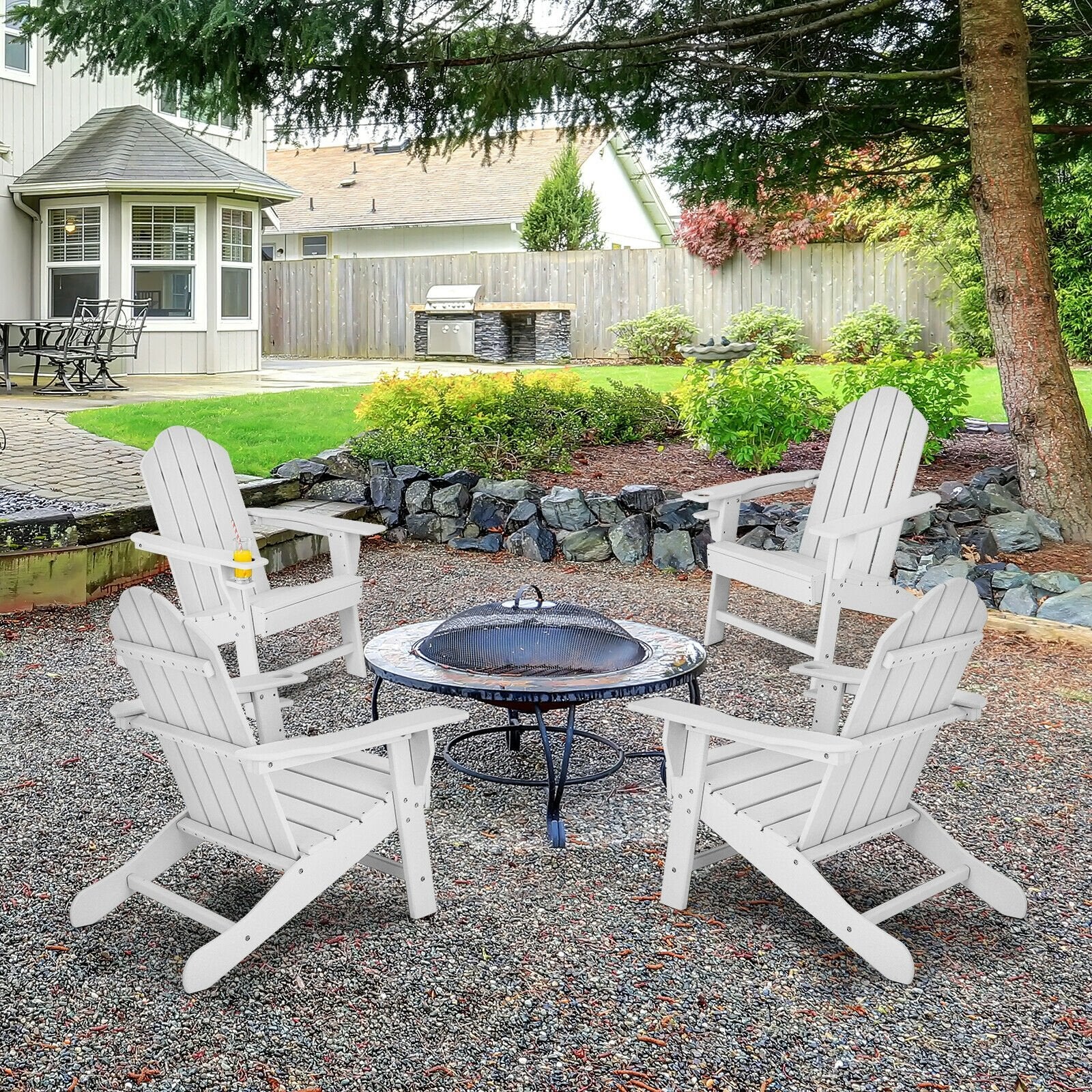 Outdoor Adirondack Chair with Built-in Cup Holder for Backyard Porch, White Adirondack Chairs   at Gallery Canada