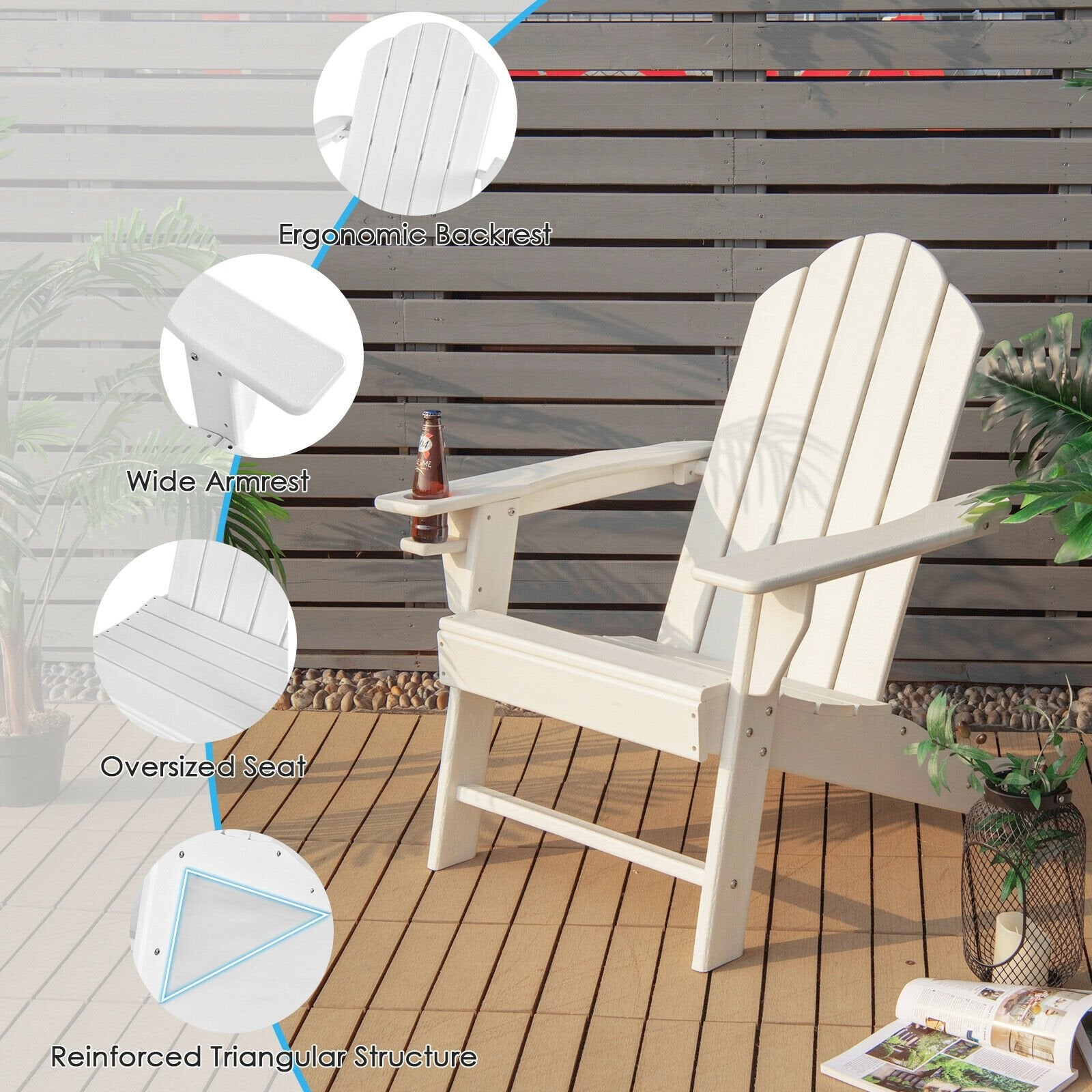 Outdoor Adirondack Chair with Built-in Cup Holder for Backyard Porch, White Adirondack Chairs   at Gallery Canada