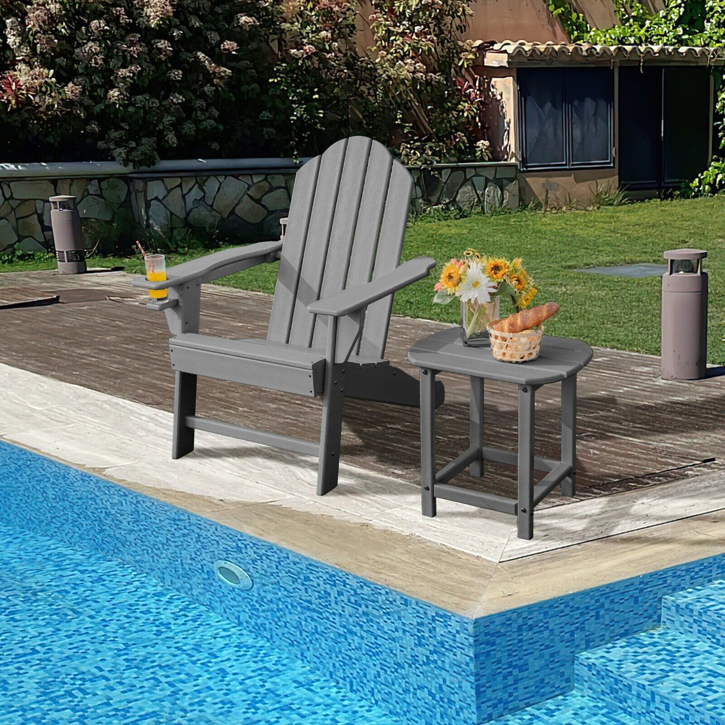 Outdoor Adirondack Chair with Built-in Cup Holder for Backyard Porch, Gray Adirondack Chairs   at Gallery Canada