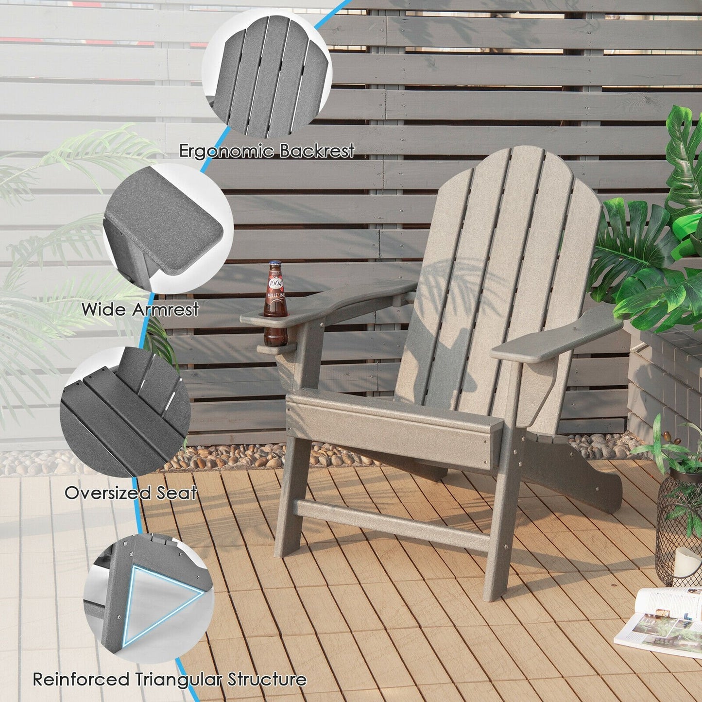 Outdoor Adirondack Chair with Built-in Cup Holder for Backyard Porch, Gray Adirondack Chairs   at Gallery Canada