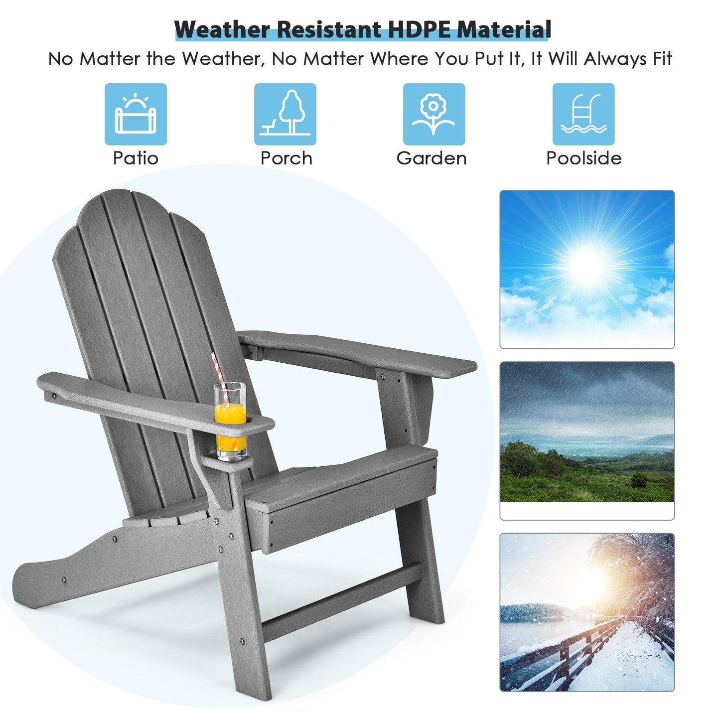 Outdoor Adirondack Chair with Built-in Cup Holder for Backyard Porch, Gray Adirondack Chairs   at Gallery Canada