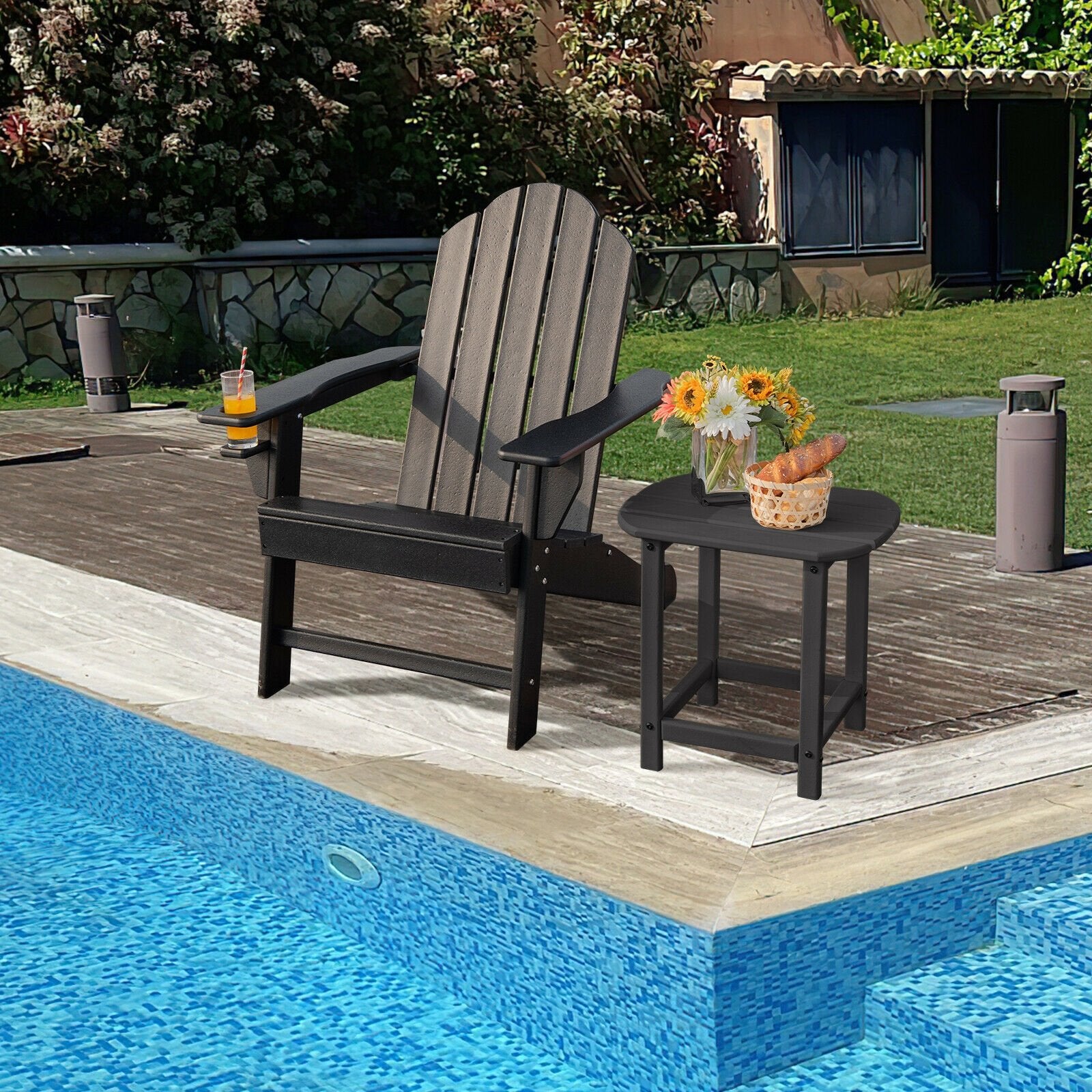 Outdoor Adirondack Chair with Built-in Cup Holder for Backyard Porch, Black Adirondack Chairs   at Gallery Canada