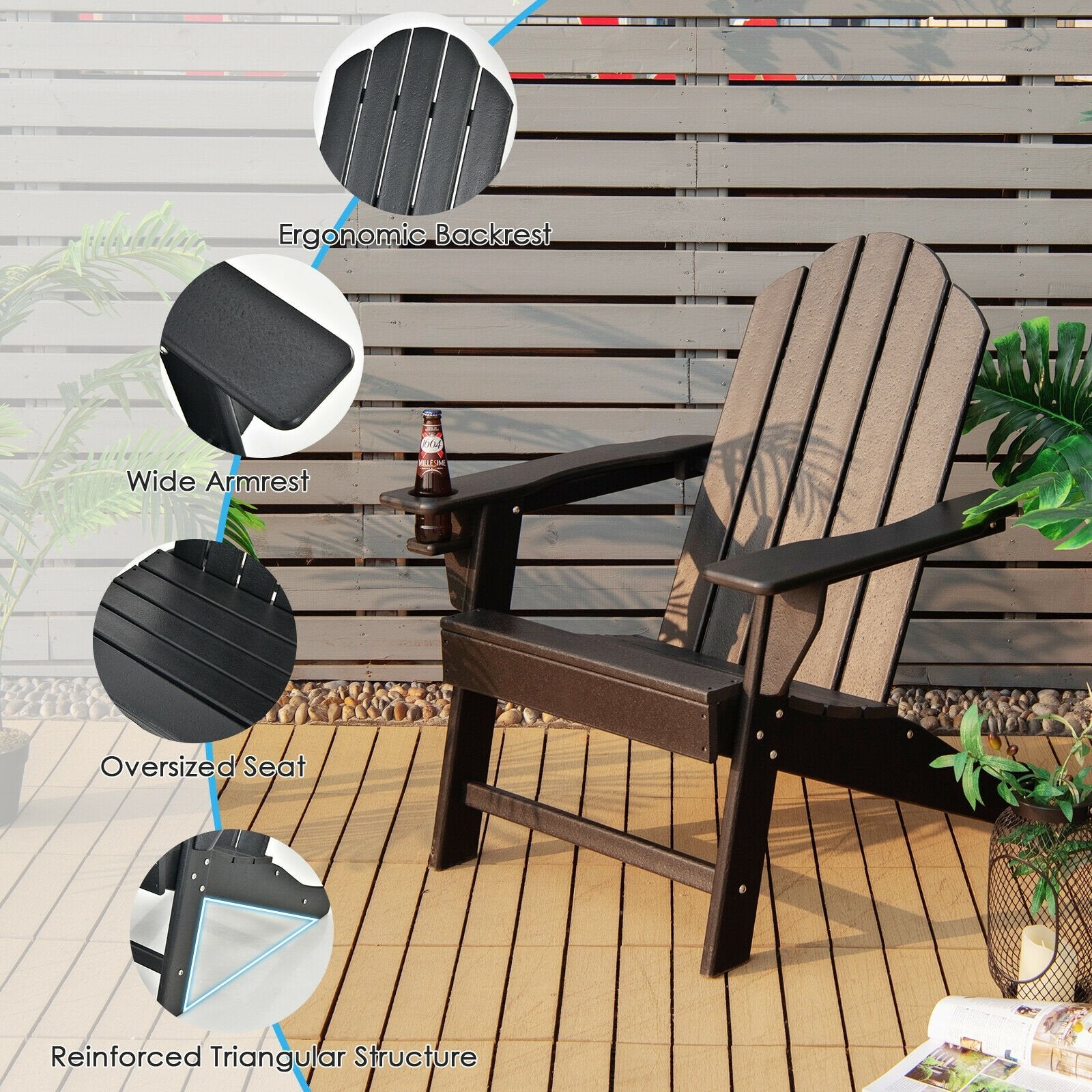 Outdoor Adirondack Chair with Built-in Cup Holder for Backyard Porch, Black Adirondack Chairs   at Gallery Canada