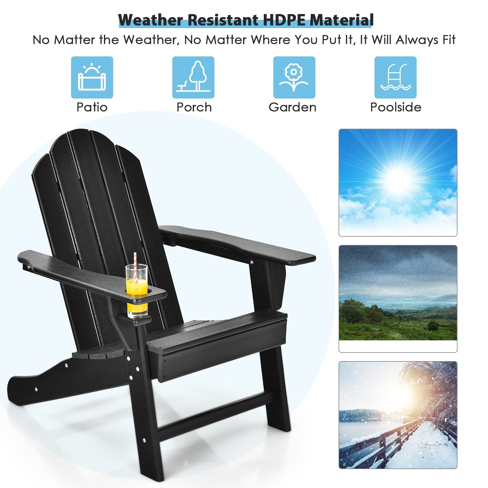 Outdoor Adirondack Chair with Built-in Cup Holder for Backyard Porch, Black Adirondack Chairs   at Gallery Canada