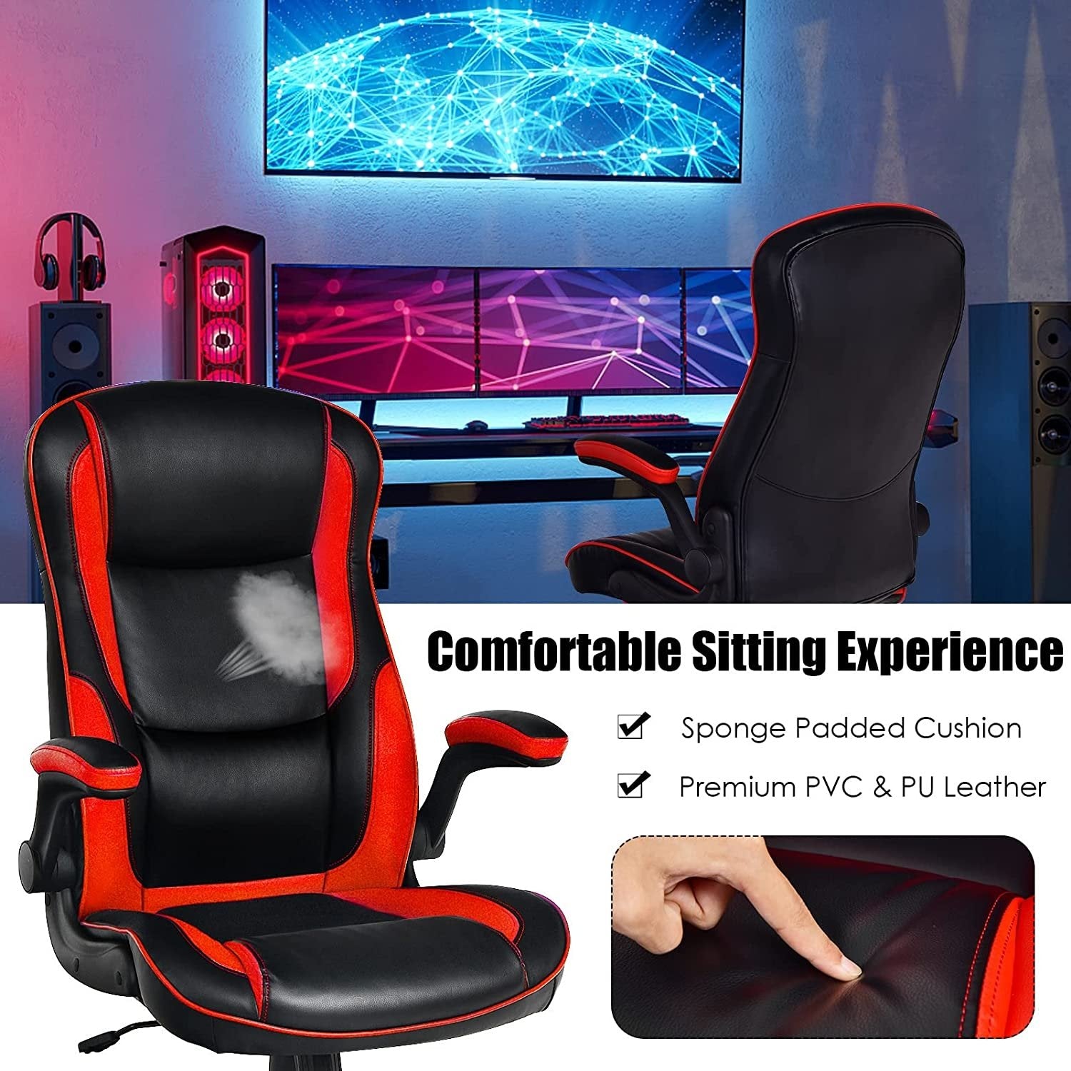 Racing Style Office Chair with PVC and PU Leather Seat, Red - Gallery Canada