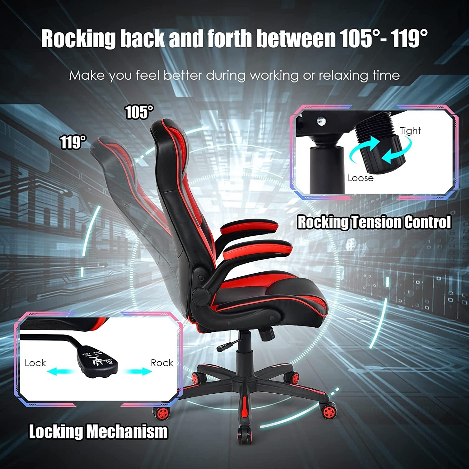Racing Style Office Chair with PVC and PU Leather Seat, Red - Gallery Canada
