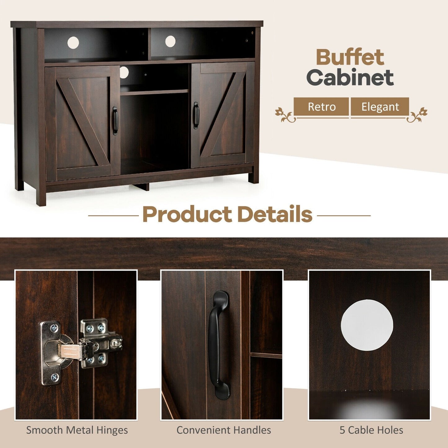 Farmhouse Sideboard with Detachable Wine Rack and Cabinets, Brown Sideboards Cabinets & Buffets   at Gallery Canada