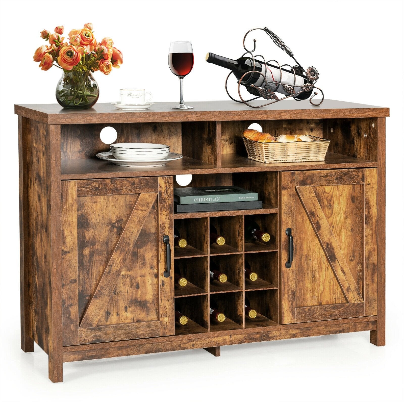 Farmhouse Sideboard with Detachable Wine Rack and Cabinets, Rustic Brown Sideboards Cabinets & Buffets   at Gallery Canada