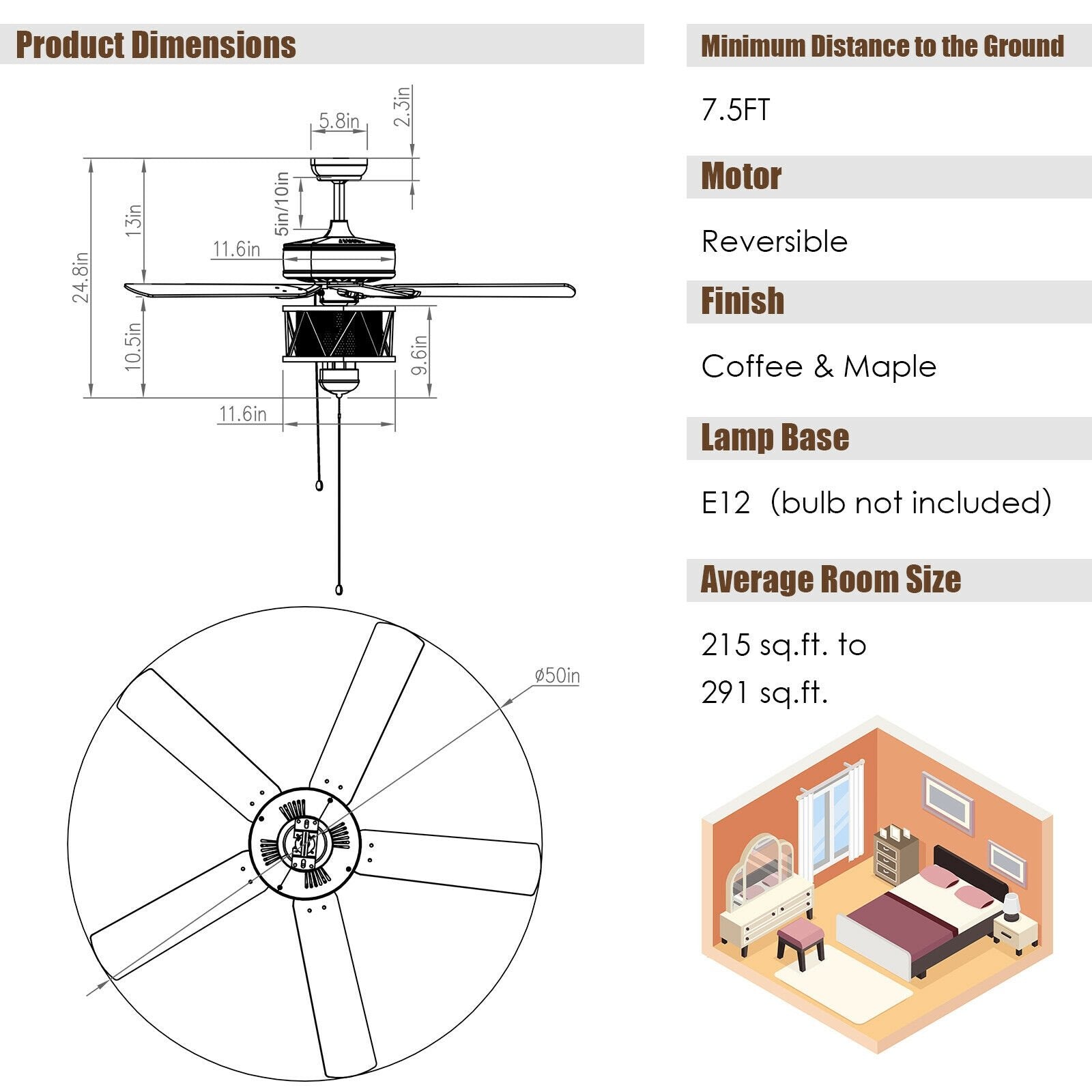 50 Inches Ceiling Fan with Lights Reversible Blades and Pull Chain Control, Black Ceiling Fans   at Gallery Canada