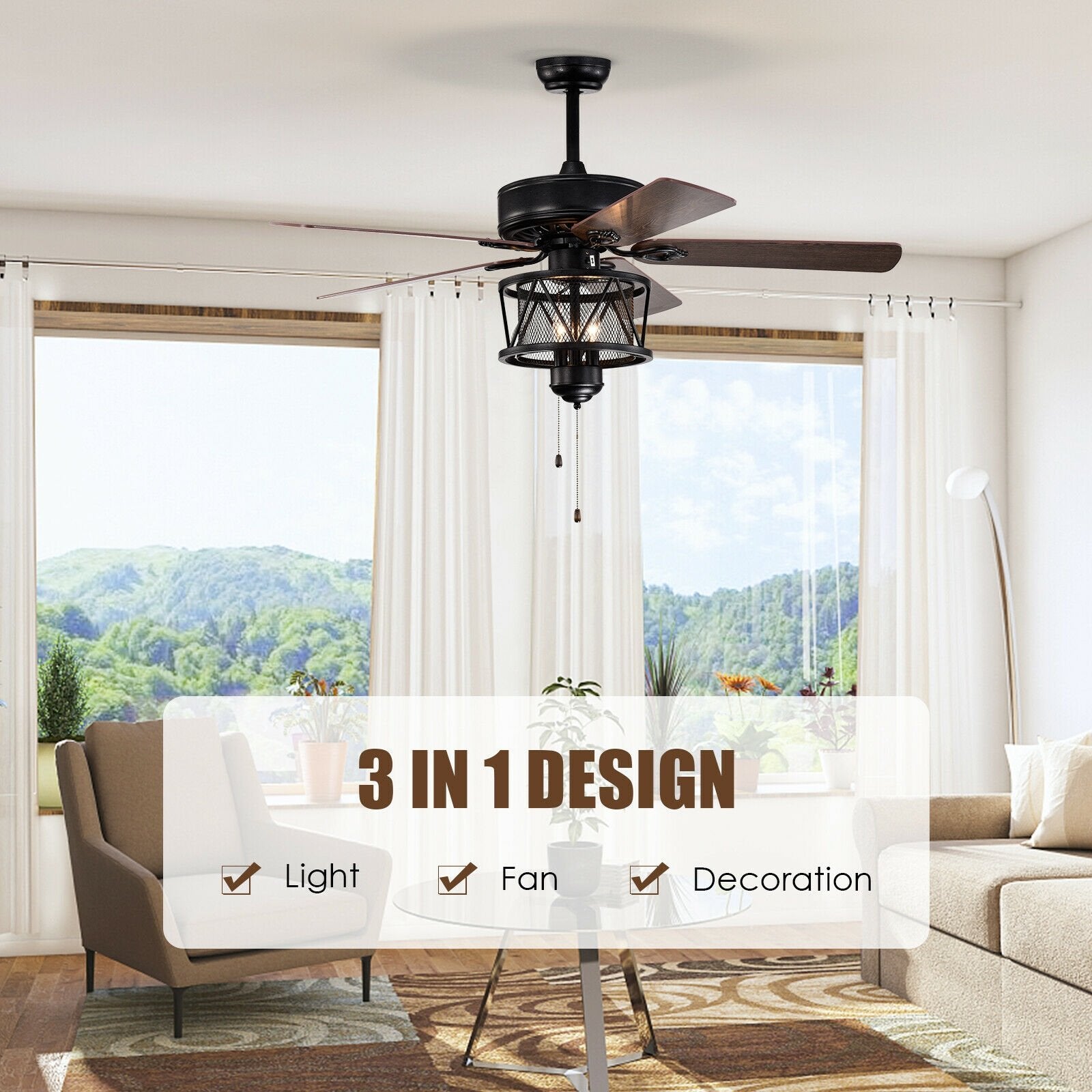 50 Inches Ceiling Fan with Lights Reversible Blades and Pull Chain Control, Black Ceiling Fans   at Gallery Canada