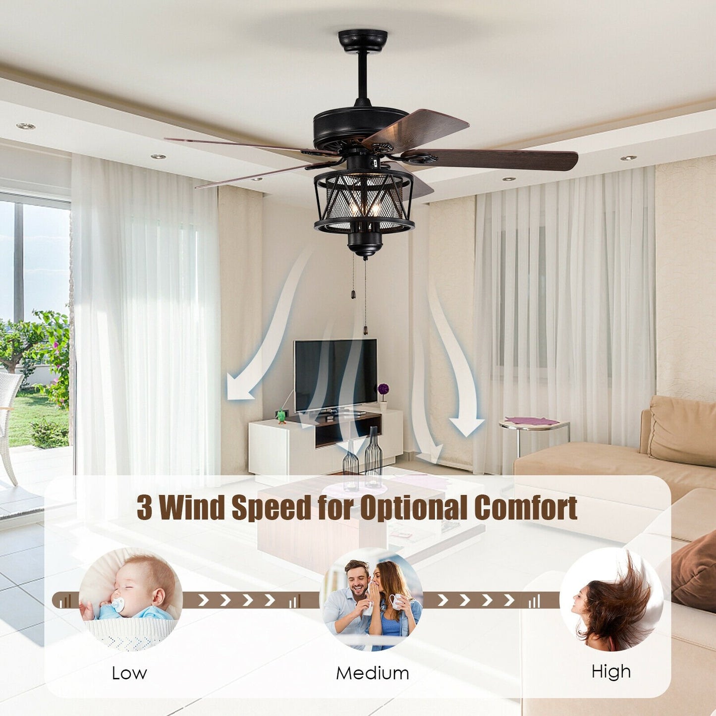 50 Inches Ceiling Fan with Lights Reversible Blades and Pull Chain Control, Black Ceiling Fans   at Gallery Canada