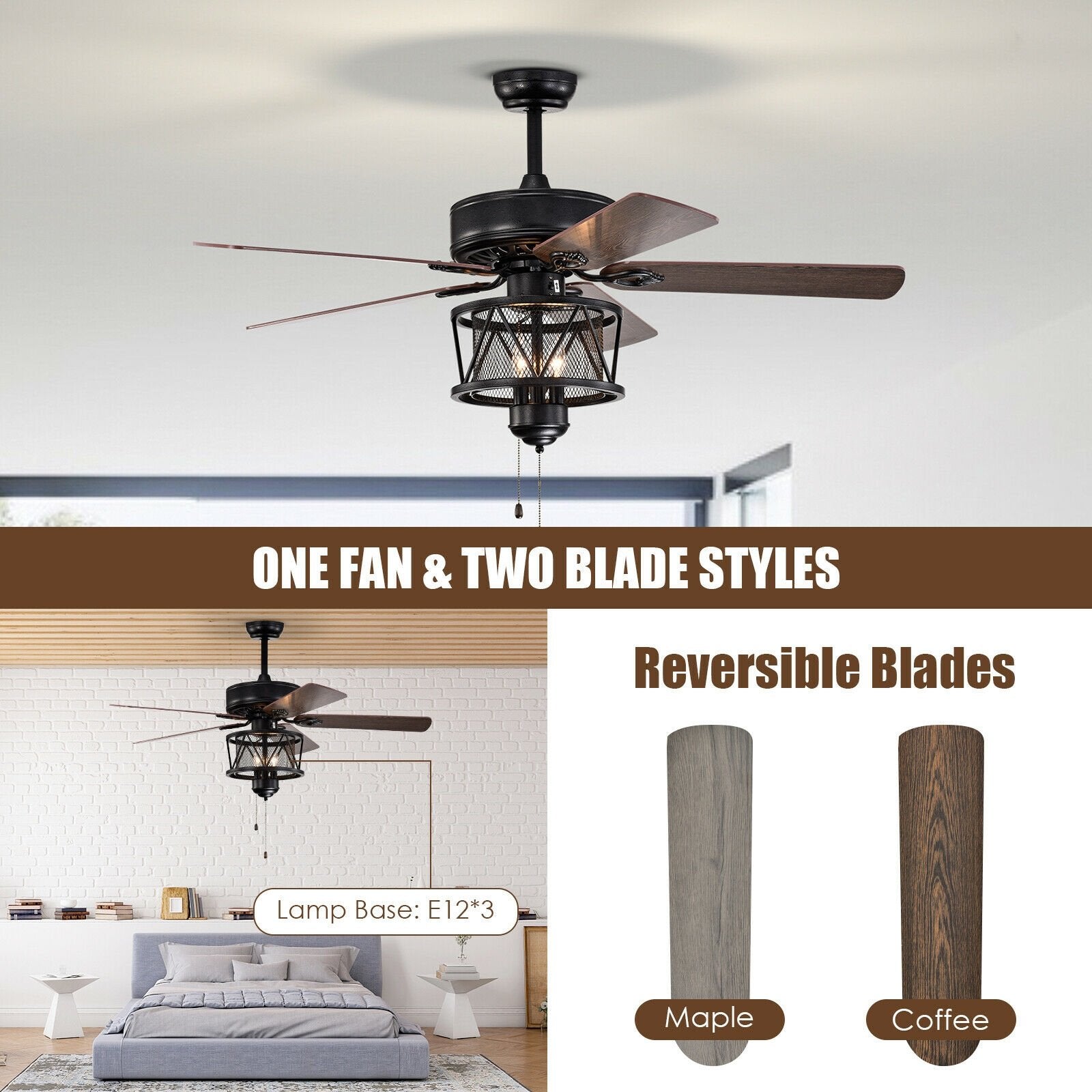 50 Inches Ceiling Fan with Lights Reversible Blades and Pull Chain Control, Black Ceiling Fans   at Gallery Canada