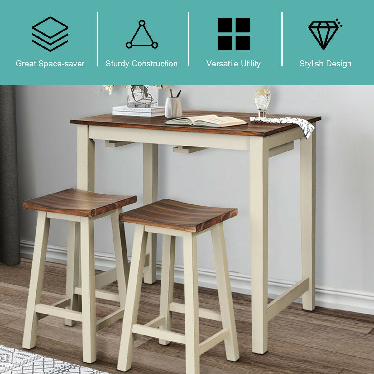 Counter Height Pub Table with 2 Saddle Bar Stools, Brown Dining Room Sets at Gallery Canada