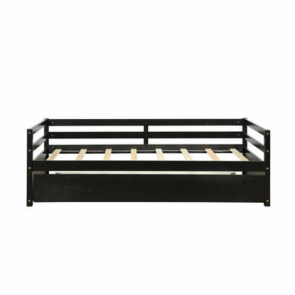Twin Size Trundle Platform Bed Frame with  Wooden Slat Support, Dark Brown - Gallery Canada