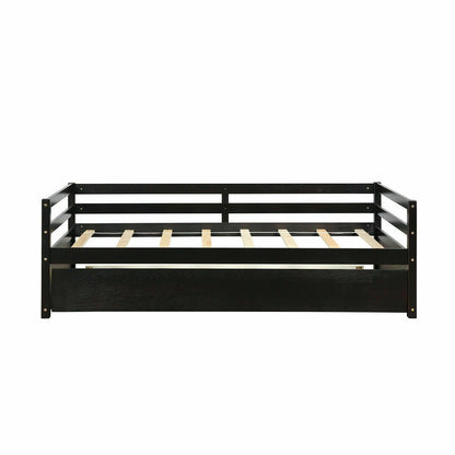 Twin Size Trundle Platform Bed Frame with  Wooden Slat Support, Dark Brown Trundle Bed Frame   at Gallery Canada