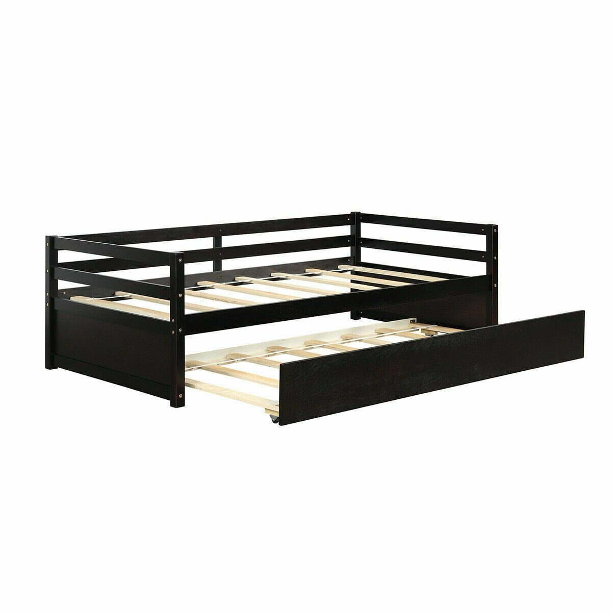 Twin Size Trundle Platform Bed Frame with  Wooden Slat Support, Dark Brown - Gallery Canada