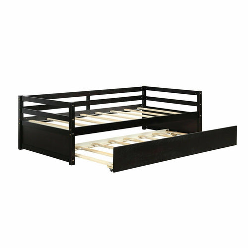 Twin Size Trundle Platform Bed Frame with  Wooden Slat Support, Dark Brown