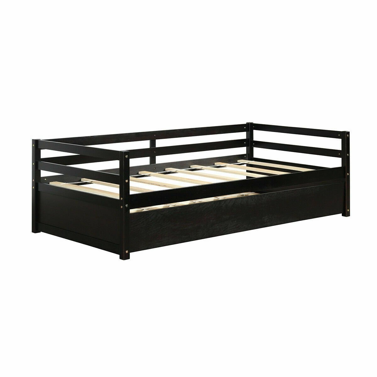 Twin Size Trundle Platform Bed Frame with  Wooden Slat Support, Dark Brown - Gallery Canada