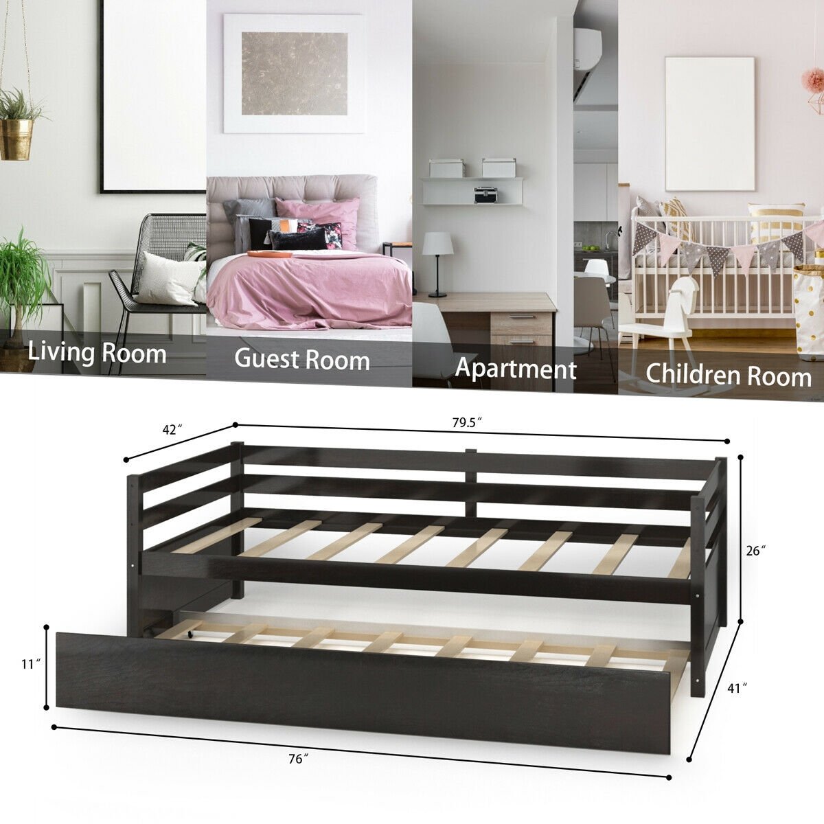 Twin Size Trundle Platform Bed Frame with  Wooden Slat Support, Dark Brown Trundle Bed Frame   at Gallery Canada