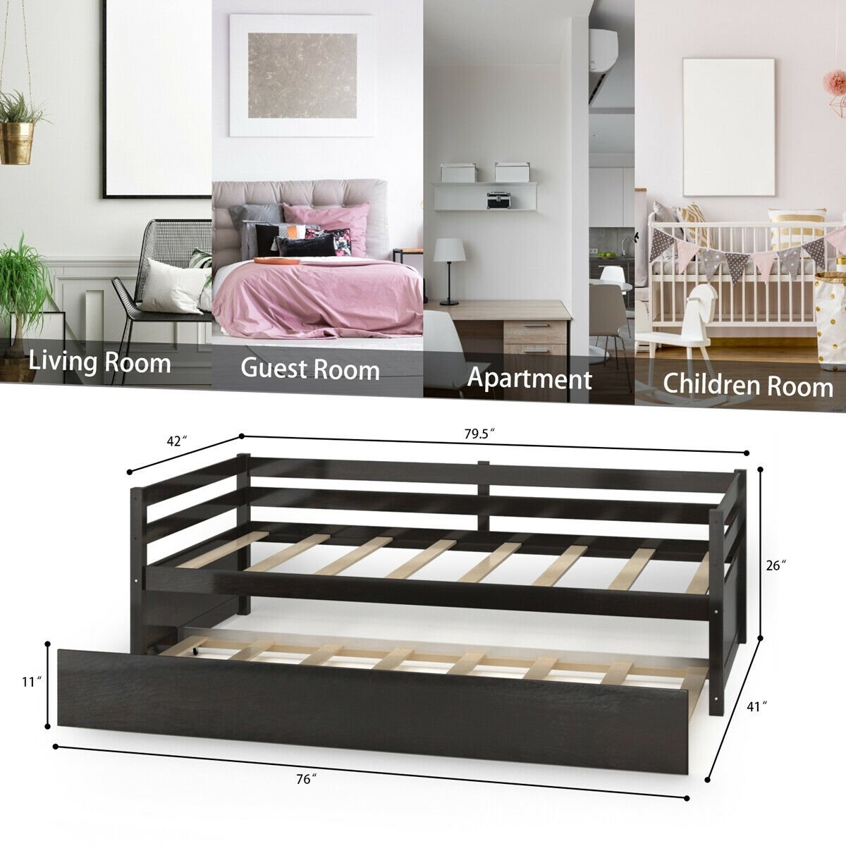 Twin Size Trundle Platform Bed Frame with  Wooden Slat Support, Dark Brown - Gallery Canada