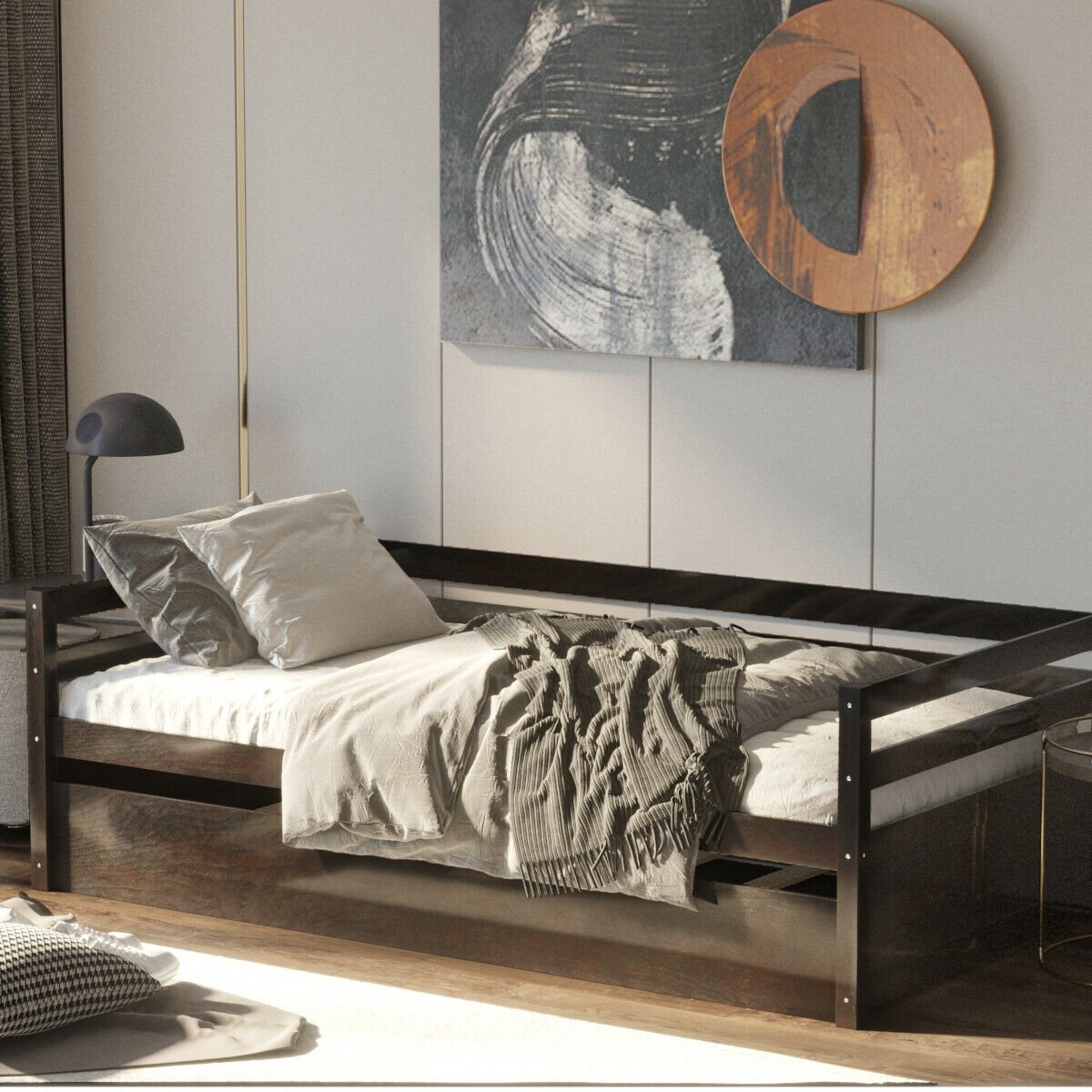 Twin Size Trundle Platform Bed Frame with  Wooden Slat Support, Dark Brown Trundle Bed Frame   at Gallery Canada