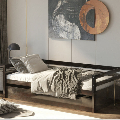 Twin Size Trundle Platform Bed Frame with  Wooden Slat Support, Dark Brown