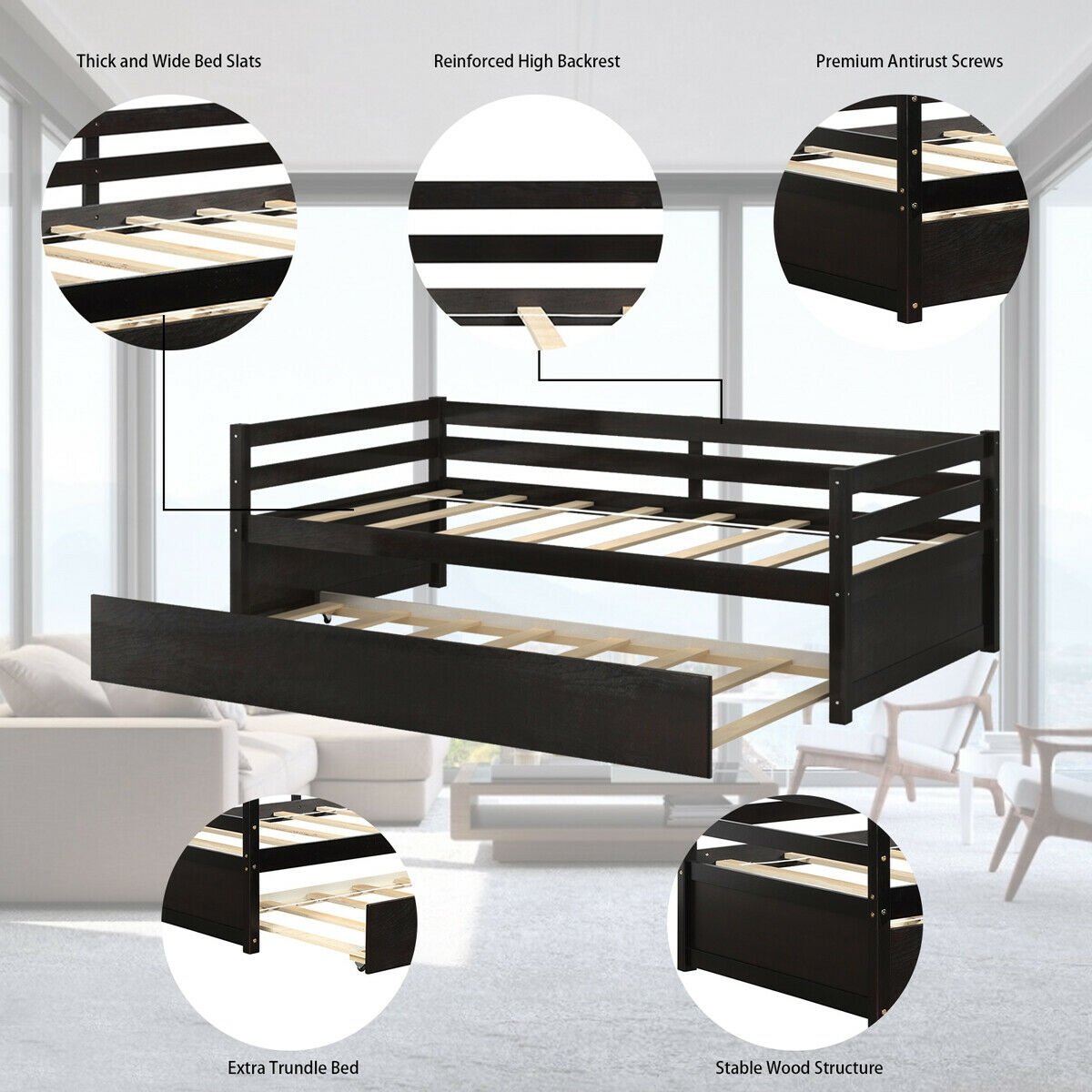 Twin Size Trundle Platform Bed Frame with  Wooden Slat Support, Dark Brown Trundle Bed Frame   at Gallery Canada